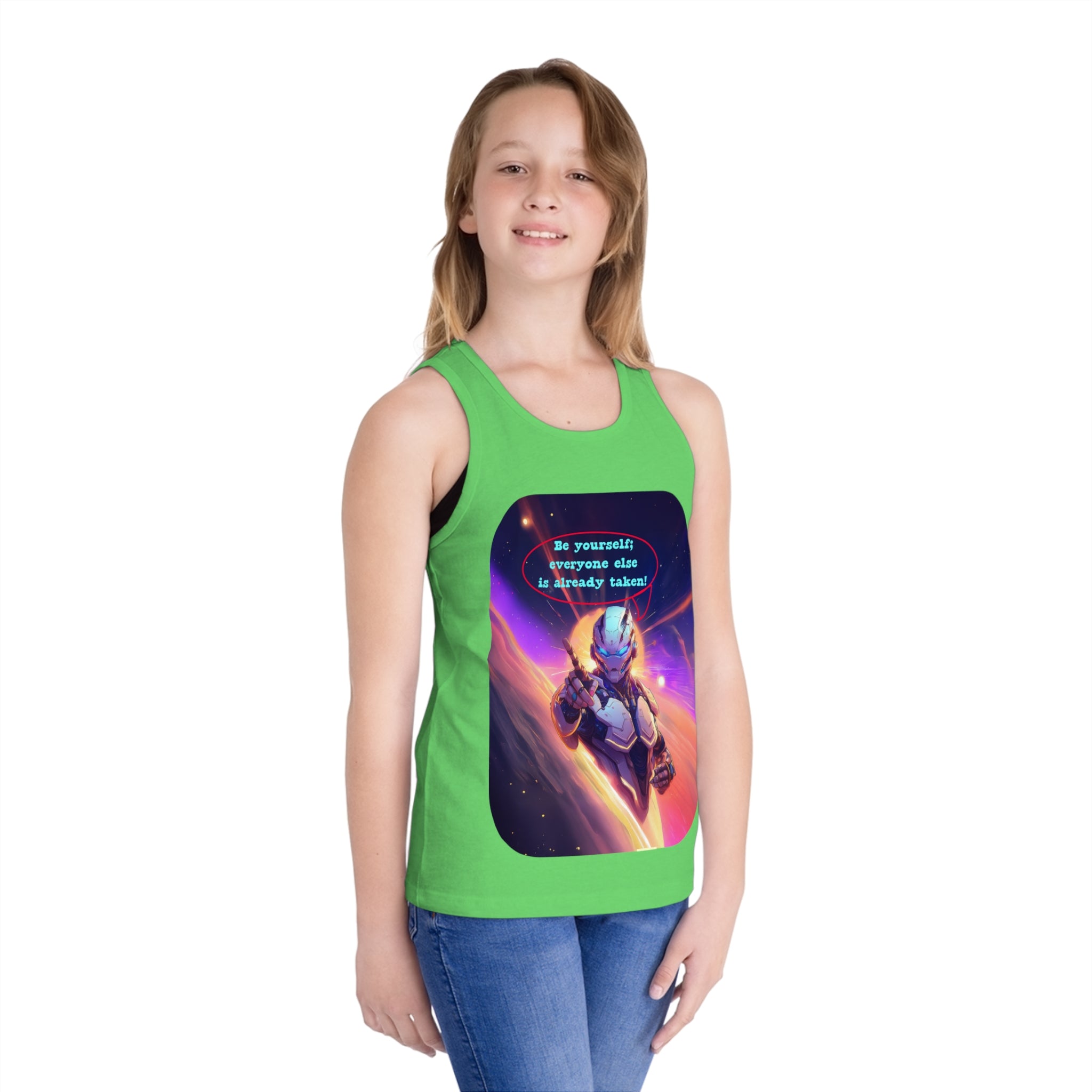 Kids Tank Top — Space Hero Graphic with "Be yourself! Everyone else is already taken" Quote