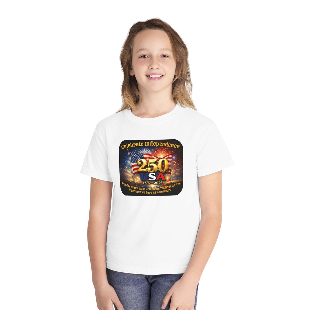 Youth Tee — "Celebrate Independence 250 USA" Patriotic Fireworks T-Shirt