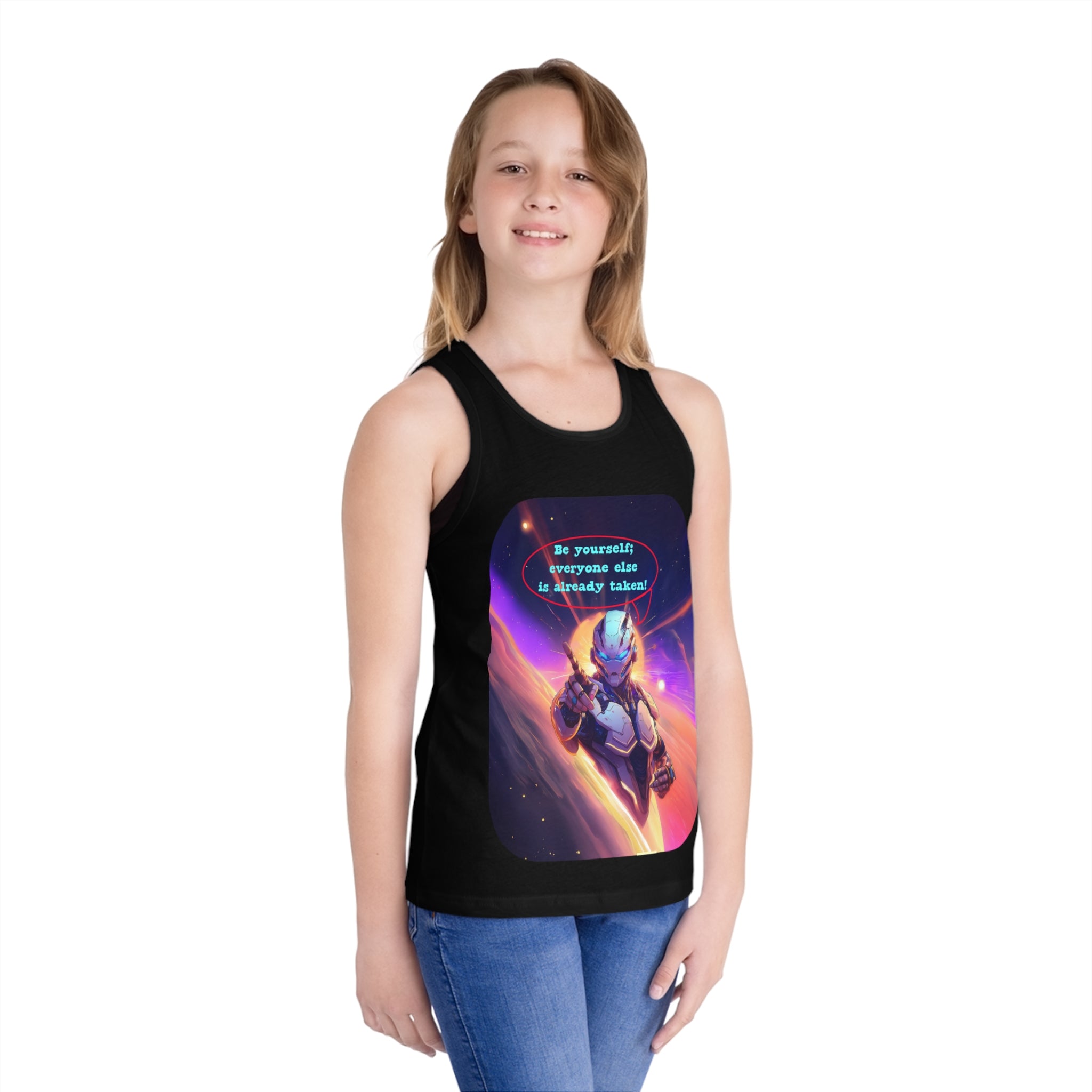 Kids Tank Top — Space Hero Graphic with "Be yourself! Everyone else is already taken" Quote