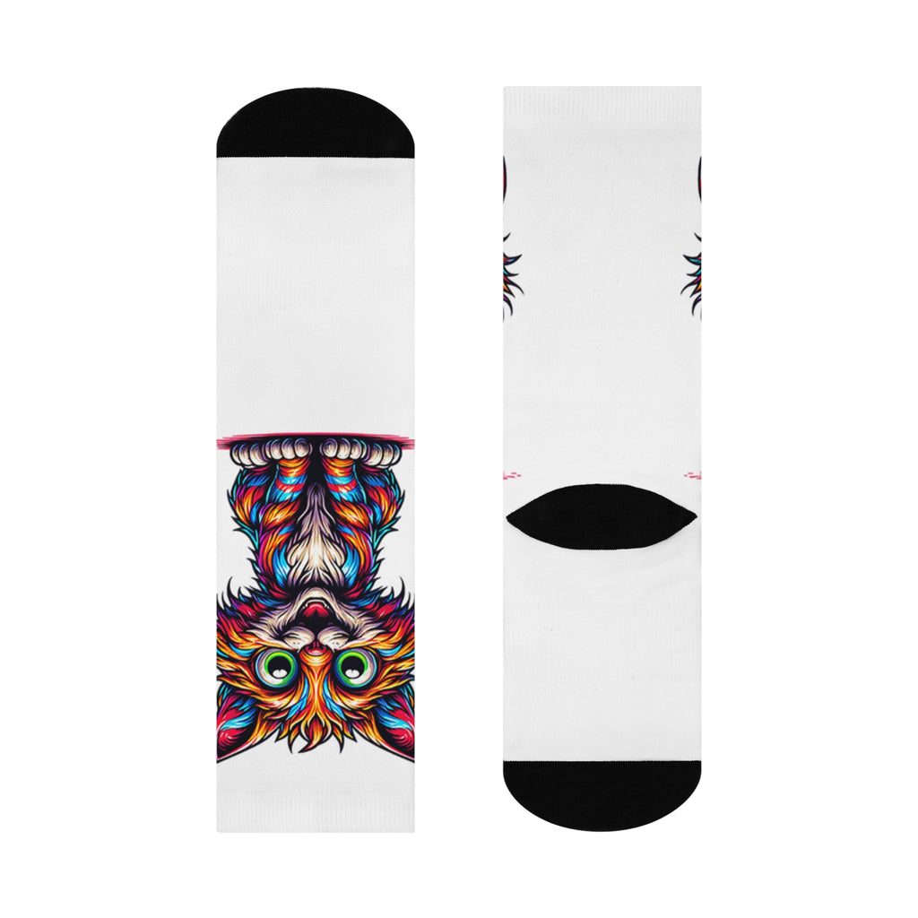 Psychedelic 70s Cat Cushioned Crew Socks — Retro Colorful Vibes