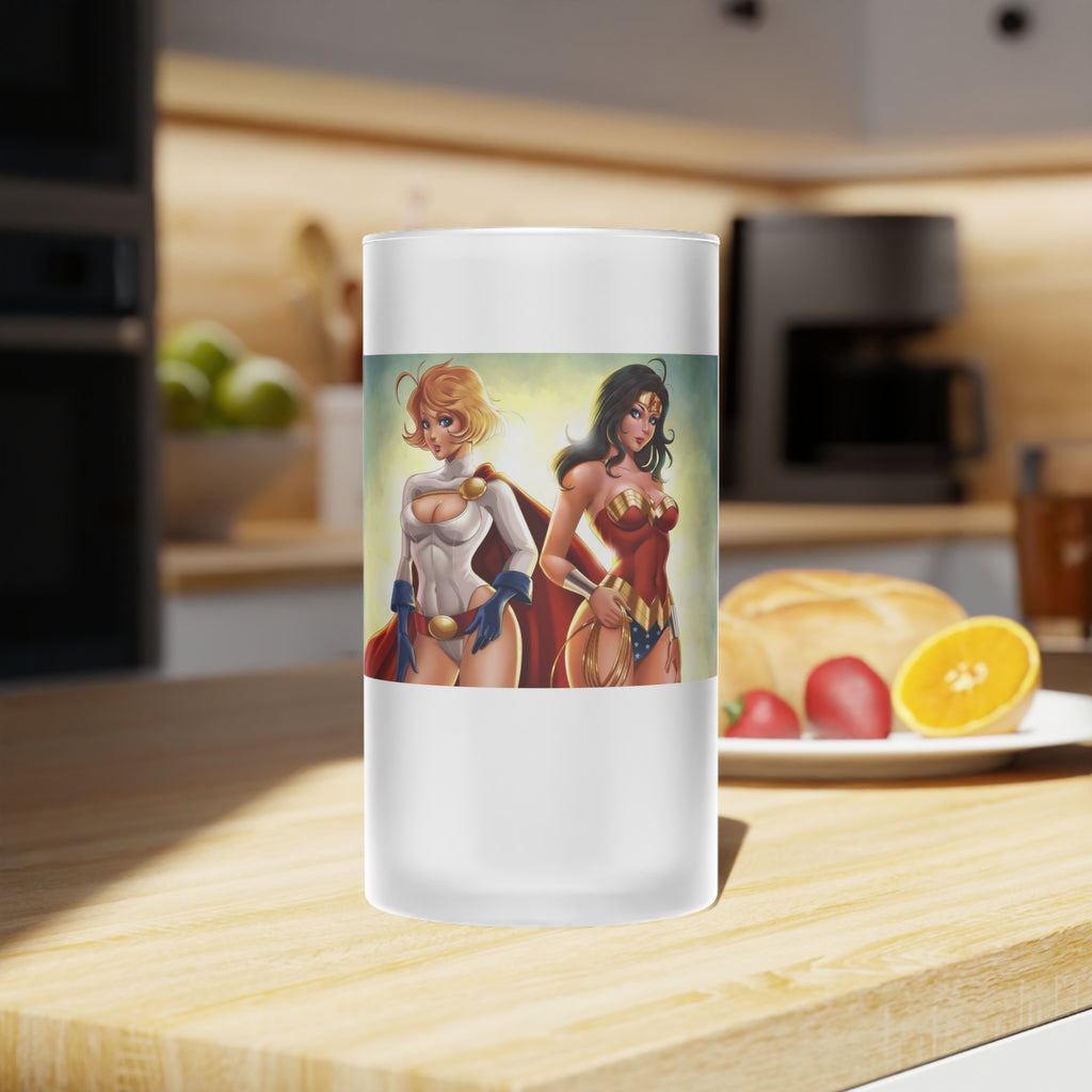 Frosted Glass Beer Mug — Retro Superhero Pin-Up Art