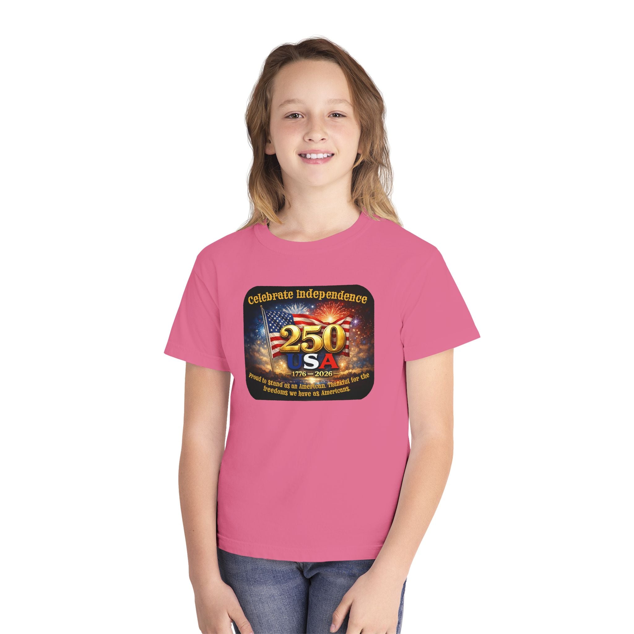 Youth Tee — "Celebrate Independence 250 USA" Patriotic Fireworks T-Shirt