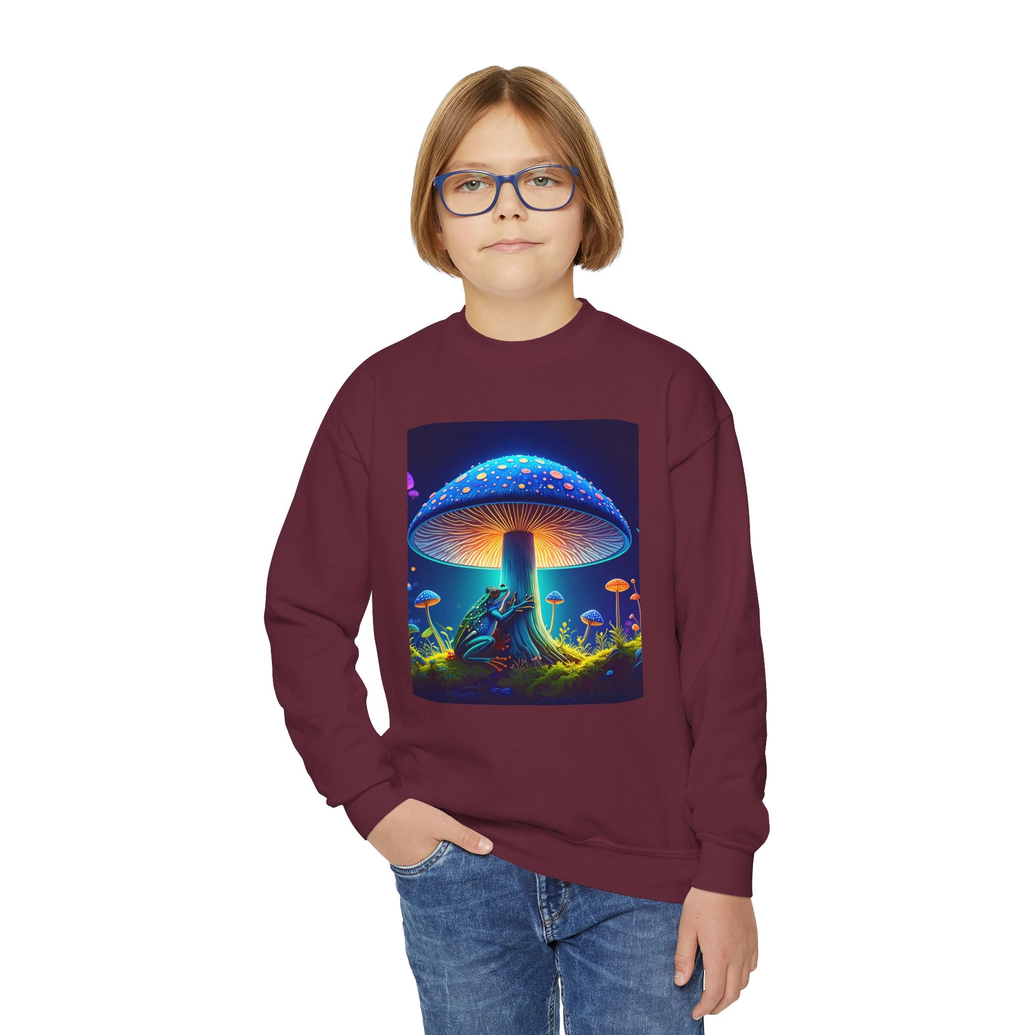Youth Crewneck Sweatshirt — Neon Mushroom Fantasy Graphic