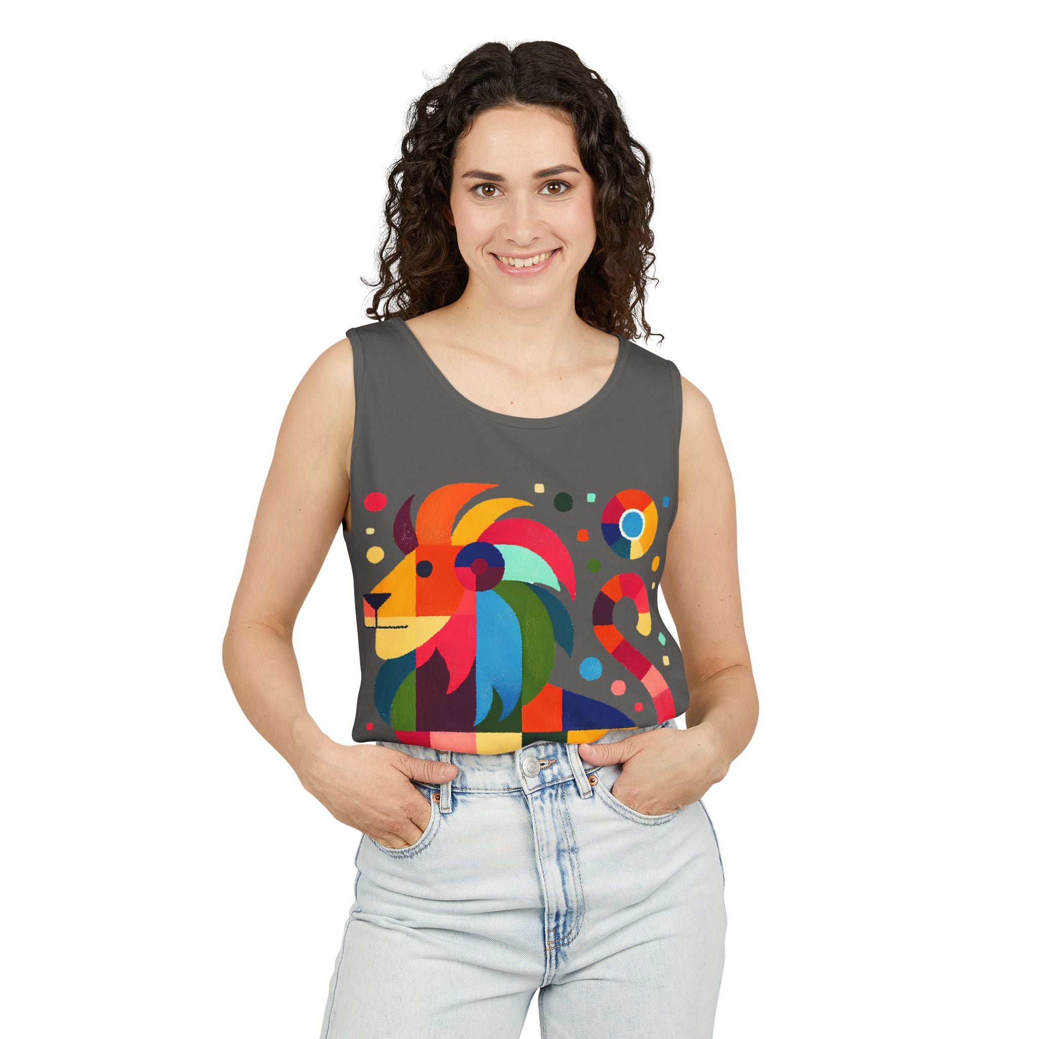 Colorful Geometric Lion Tank Top — Vibrant Pride & Zodiac Leo Graphic Tank