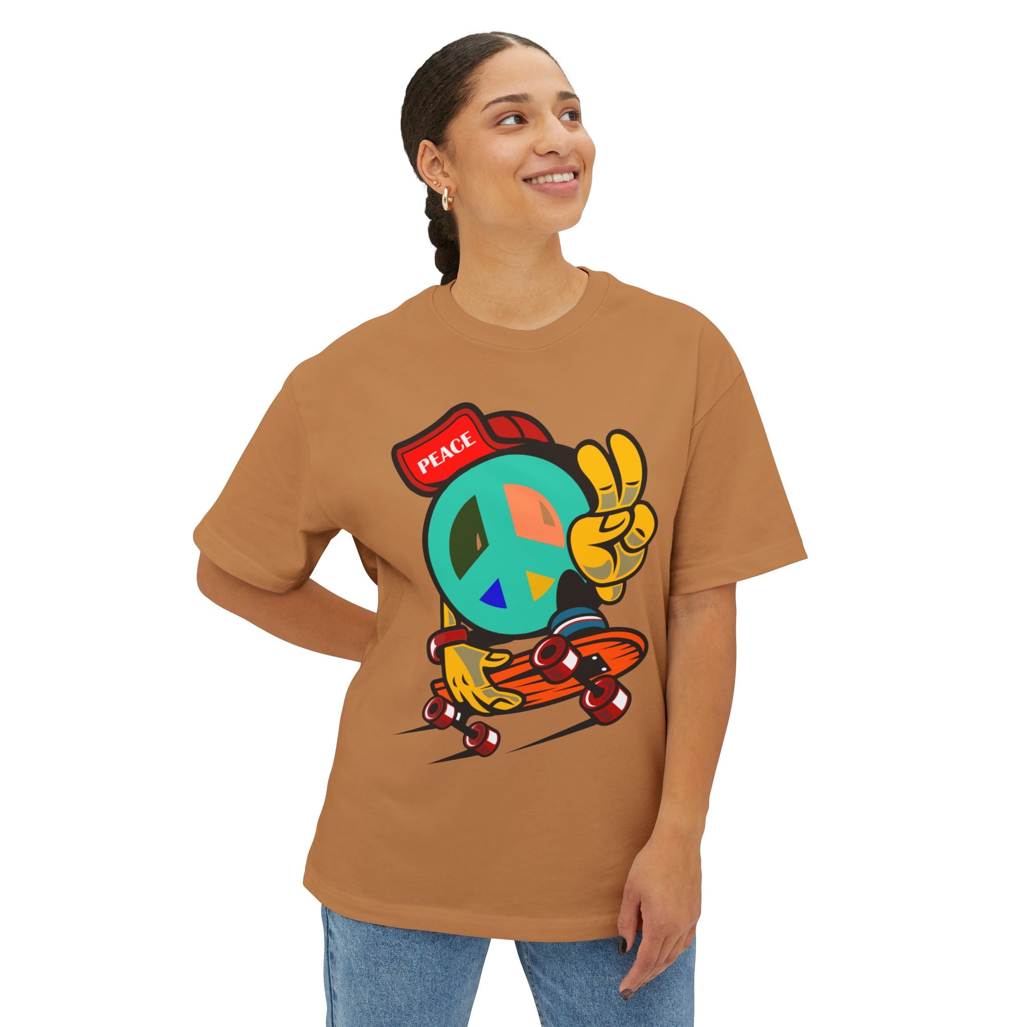Skateboard Peace Sign T‑Shirt — Retro Skate Crew Tee with 'Peace' Cap