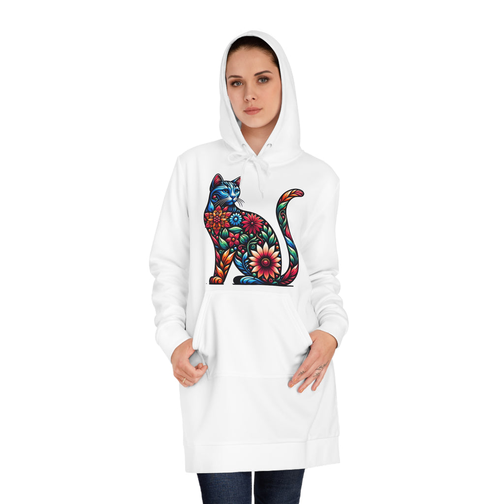 Floral Mosaic Cat Hoodie Dress – Colorful Boho Cat Graphic Sweatshirt Dress