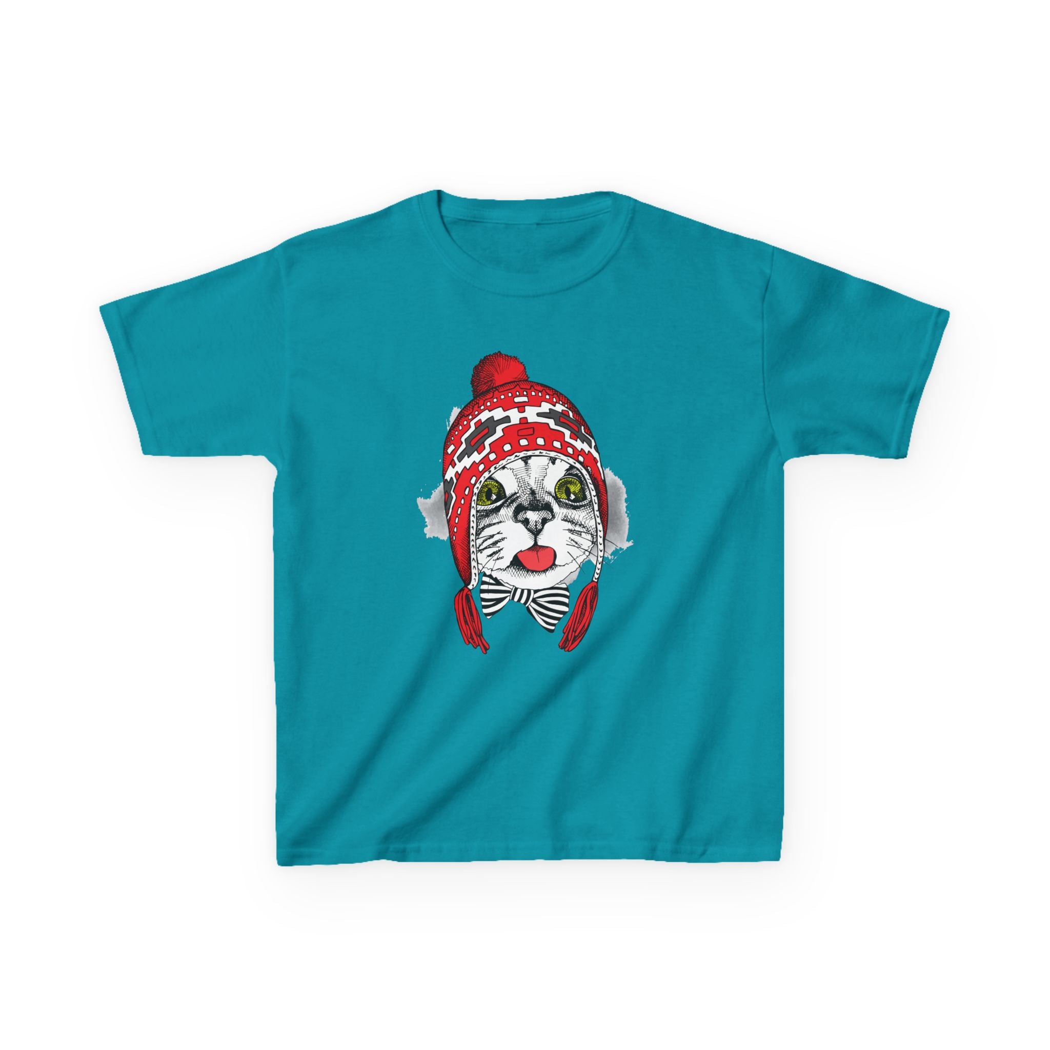 Kids Tee — Cat in Red Winter Hat & Bow Tie Holiday Shirt