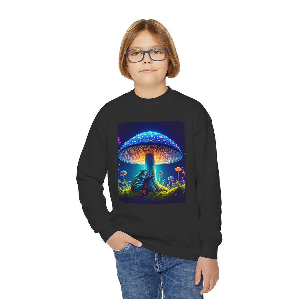 Youth Crewneck Sweatshirt — Neon Mushroom Fantasy Graphic