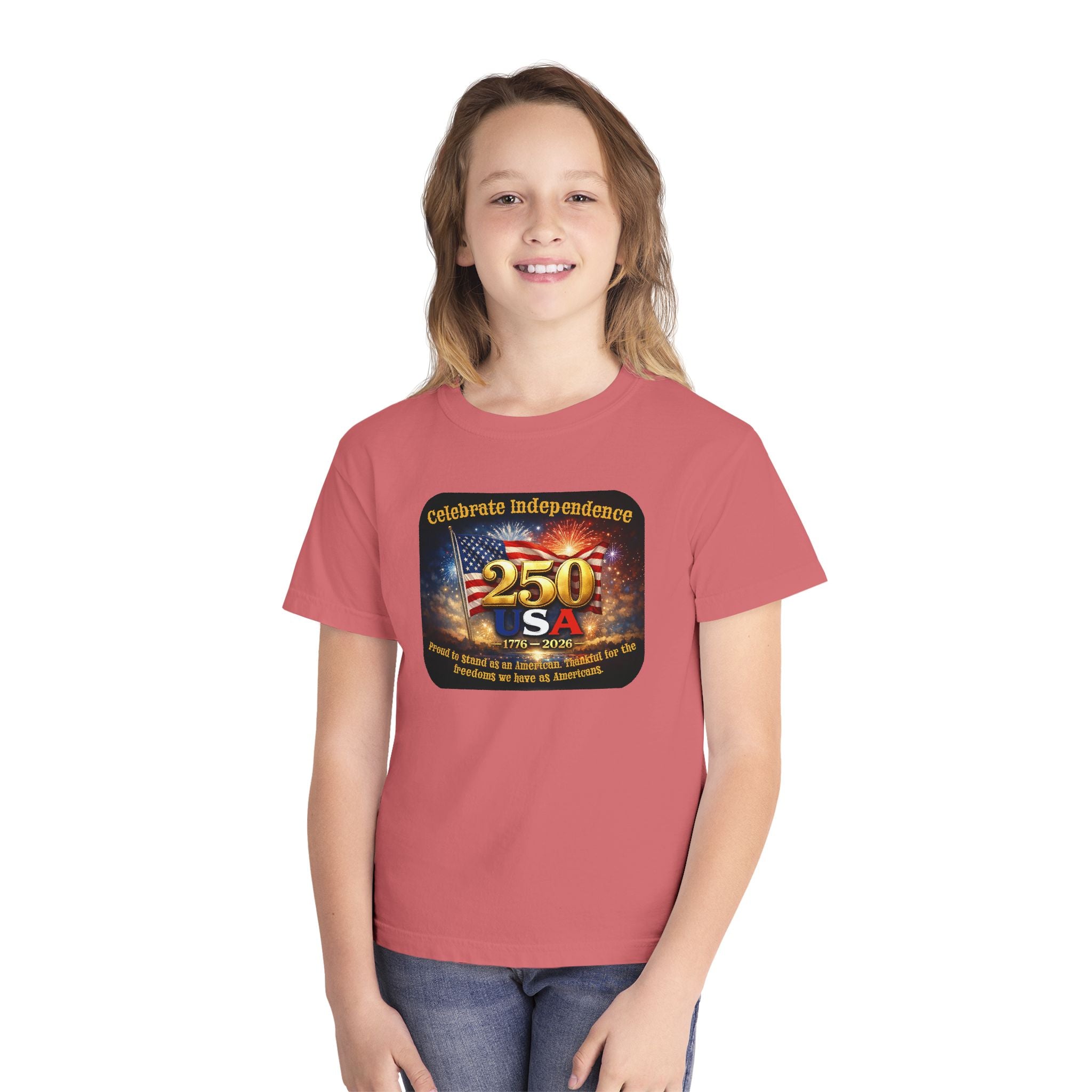 Youth Tee — "Celebrate Independence 250 USA" Patriotic Fireworks T-Shirt