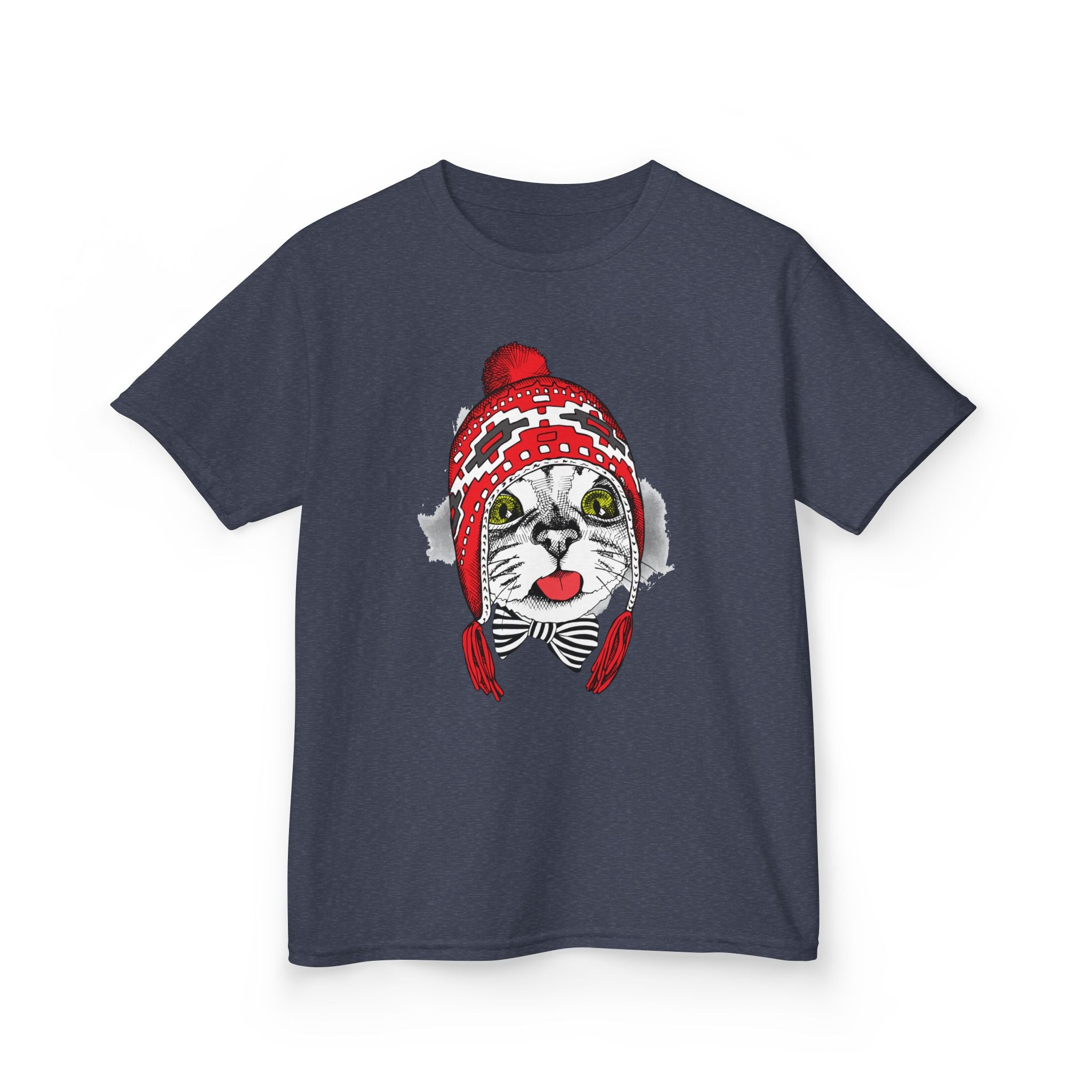 Kids Tee — Cat in Red Winter Hat & Bow Tie Holiday Shirt