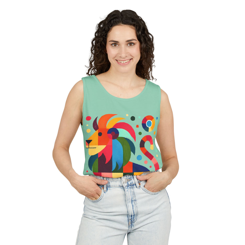 Colorful Geometric Lion Tank Top — Vibrant Pride & Zodiac Leo Graphic Tank