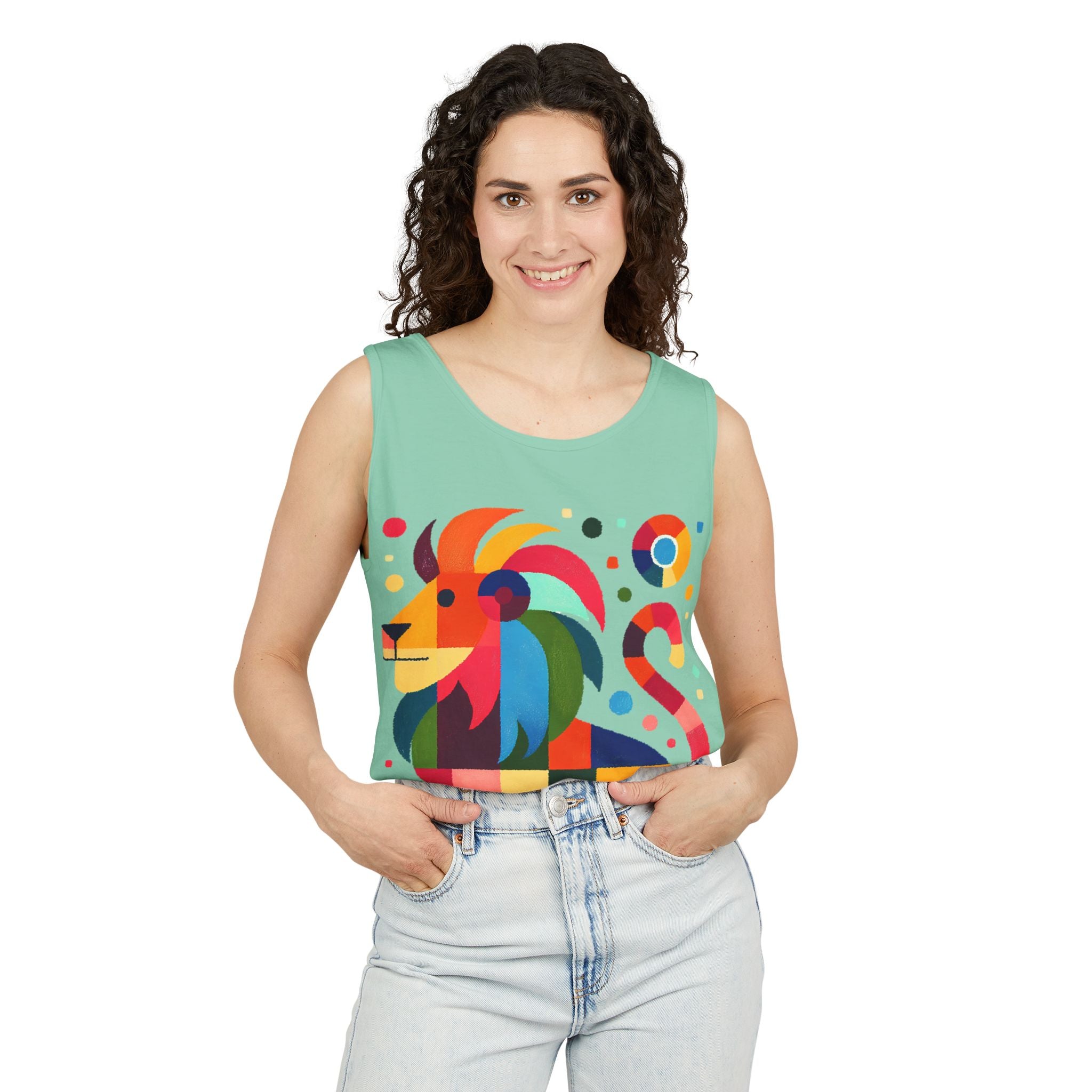Colorful Geometric Lion Tank Top — Vibrant Pride & Zodiac Leo Graphic Tank