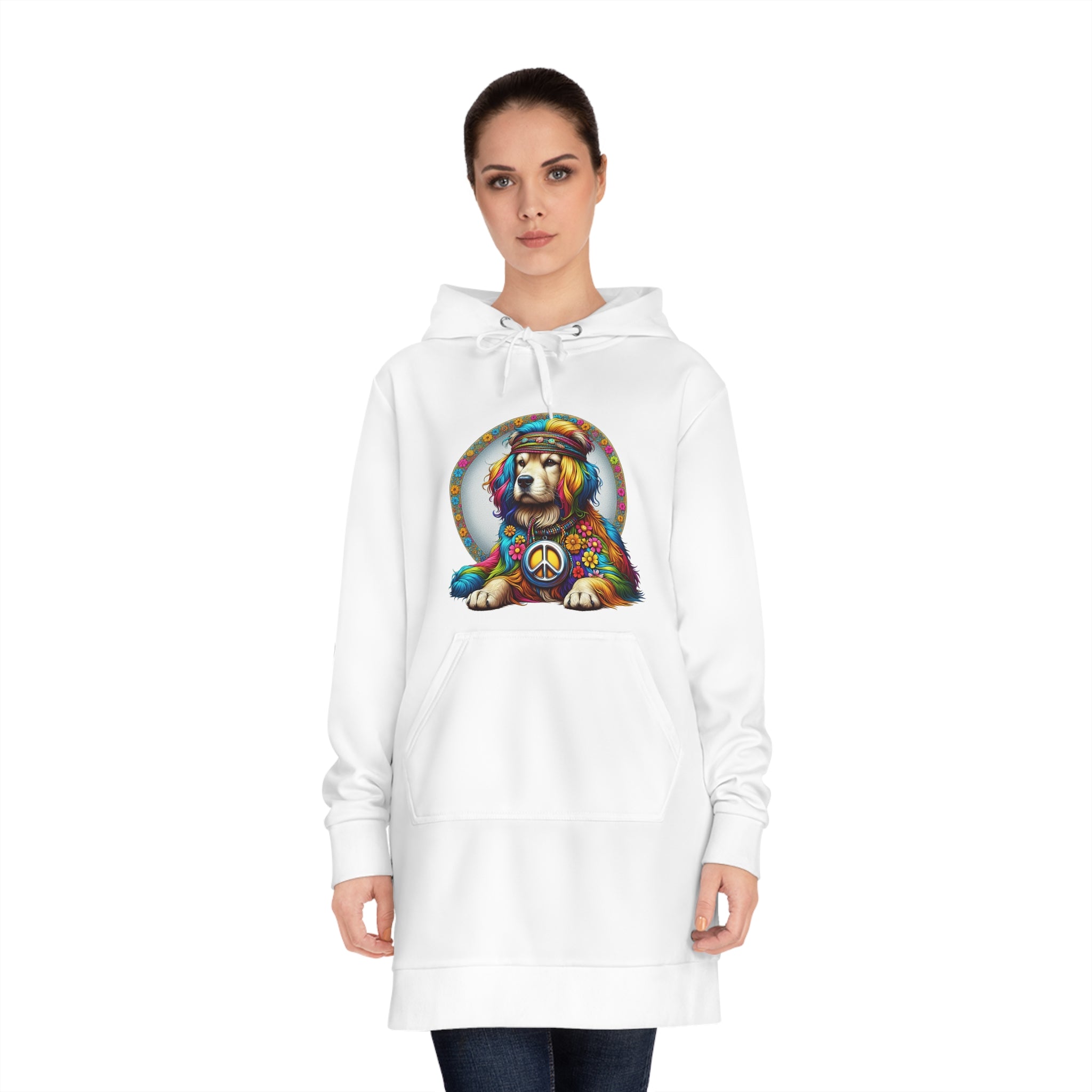 Hippie Golden Retriever Hoodie Dress — Peace Sign Tie-Dye Dog Graphic