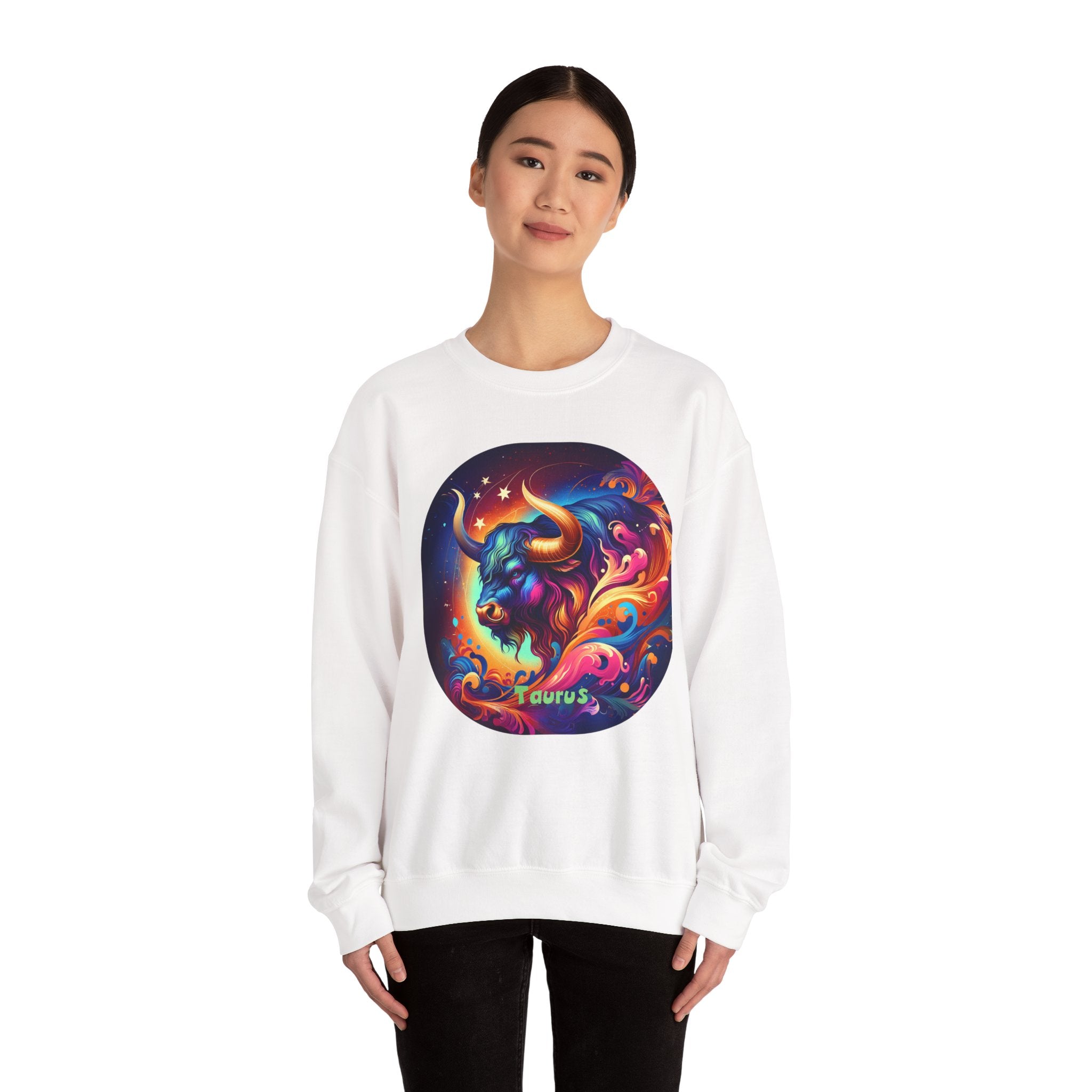 Taurus Zodiac Crewneck Sweatshirt — Vibrant Neon Bull Astrology Sweatshirt