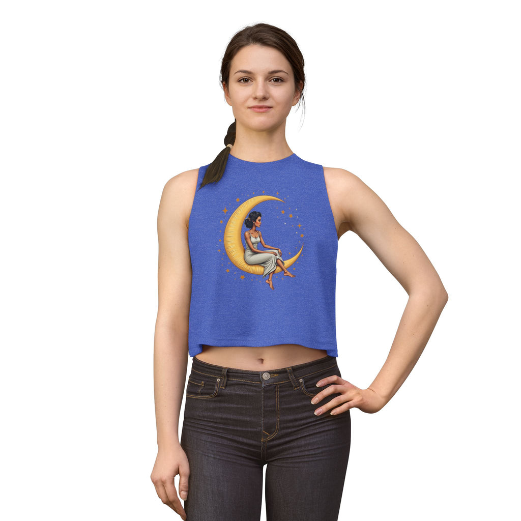 Moon Goddess Crop Top — Black Woman Sitting on Crescent Moon Graphic