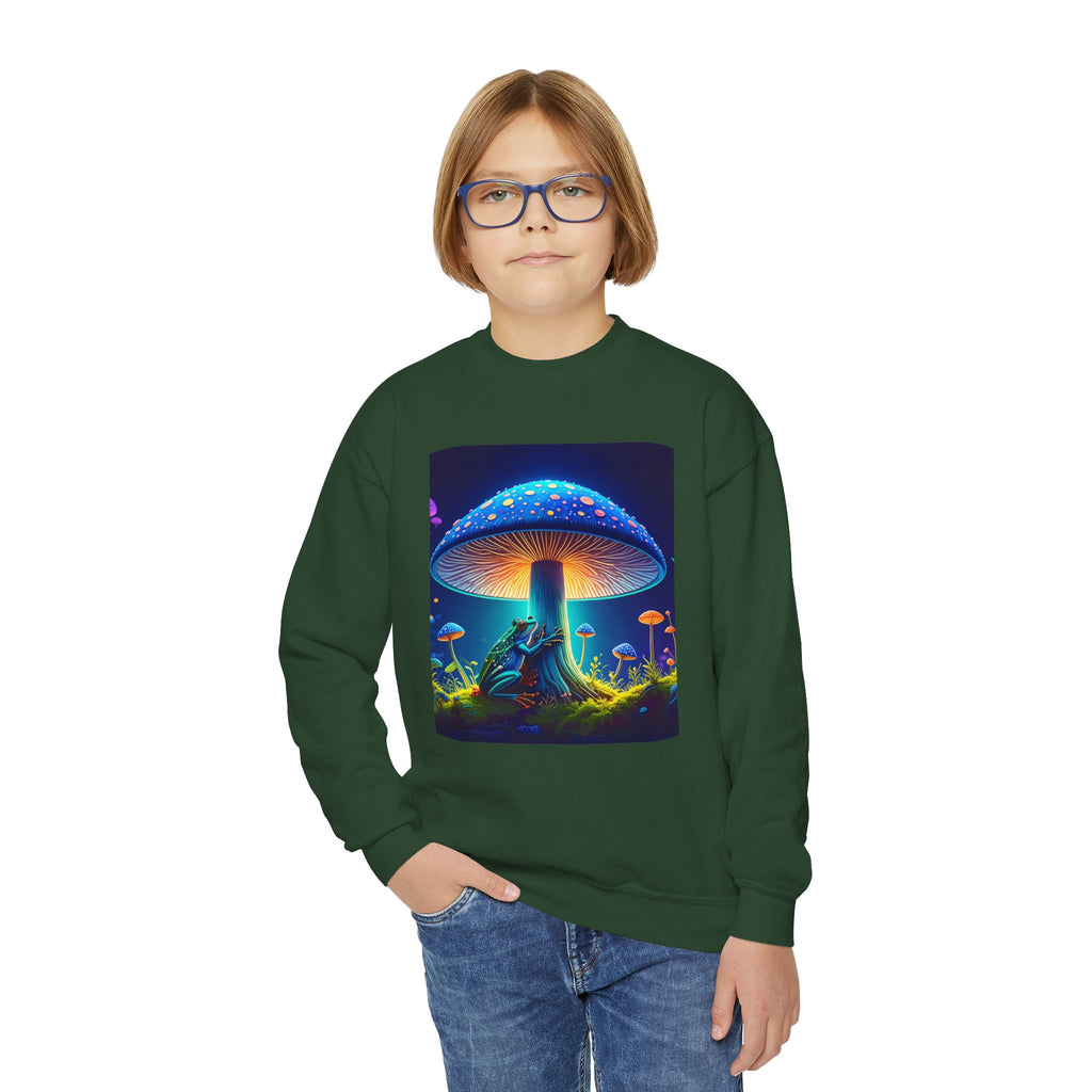 Youth Crewneck Sweatshirt — Neon Mushroom Fantasy Graphic