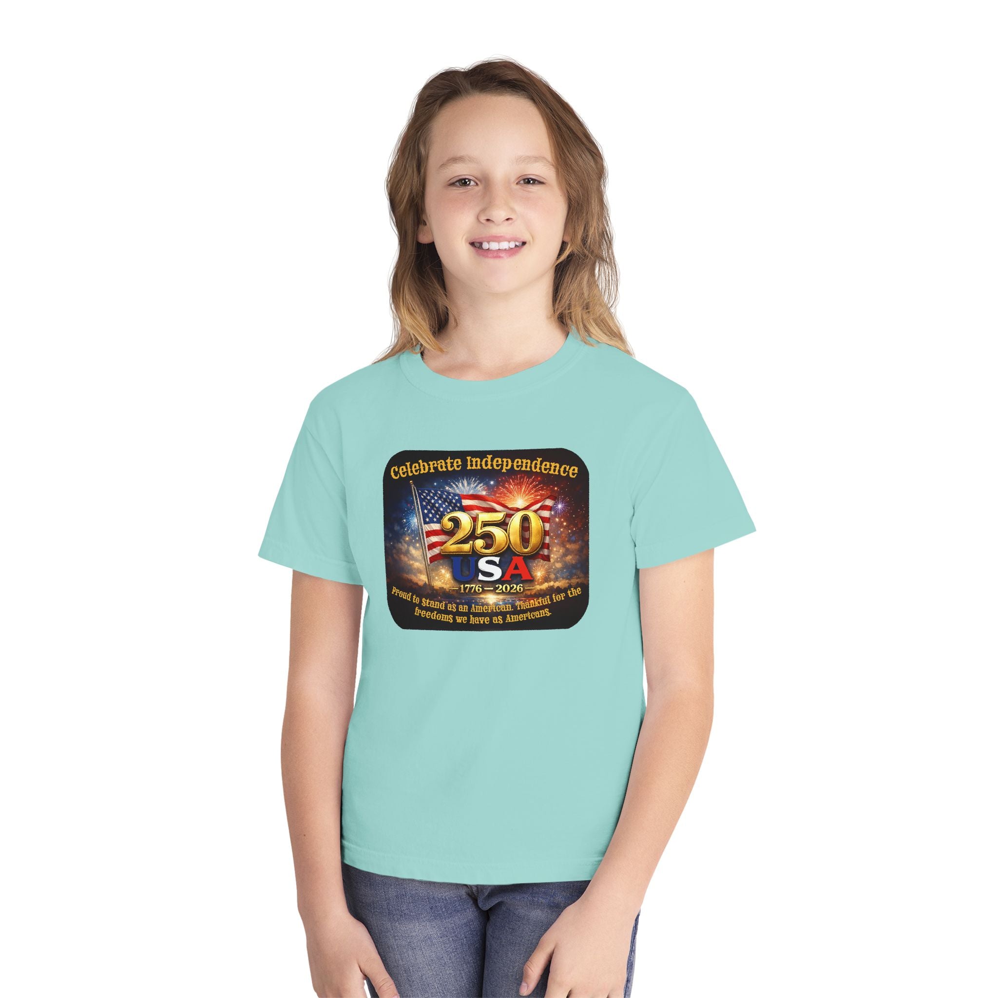 Youth Tee — "Celebrate Independence 250 USA" Patriotic Fireworks T-Shirt