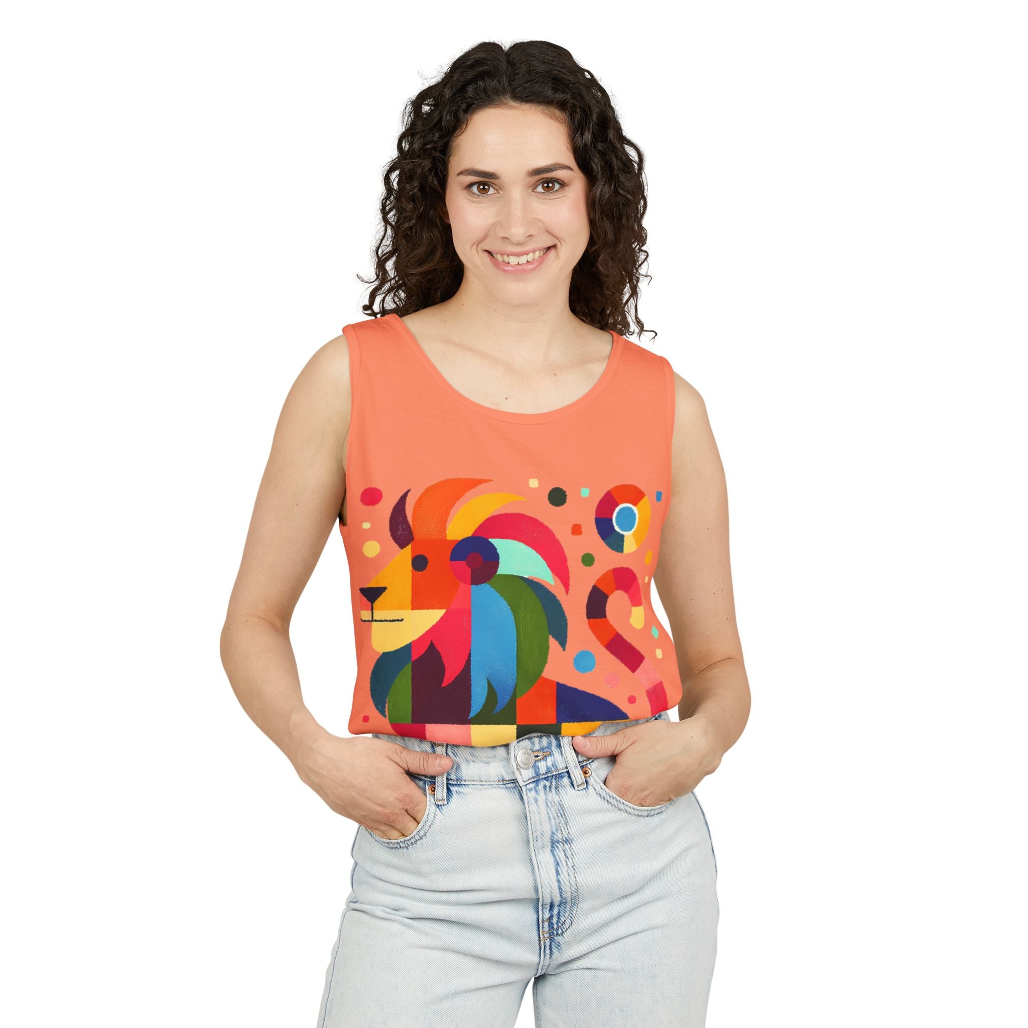Colorful Geometric Lion Tank Top — Vibrant Pride & Zodiac Leo Graphic Tank