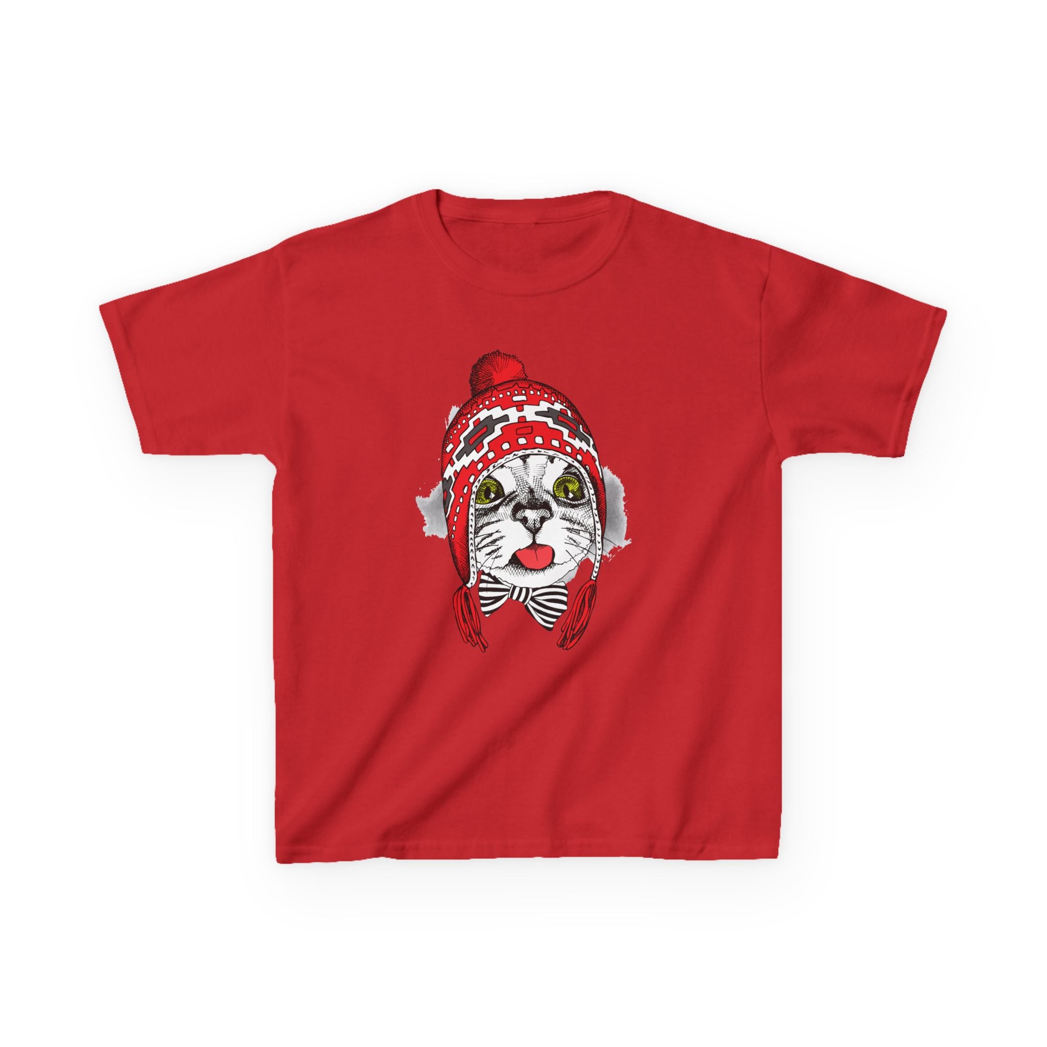 Kids Tee — Cat in Red Winter Hat & Bow Tie Holiday Shirt