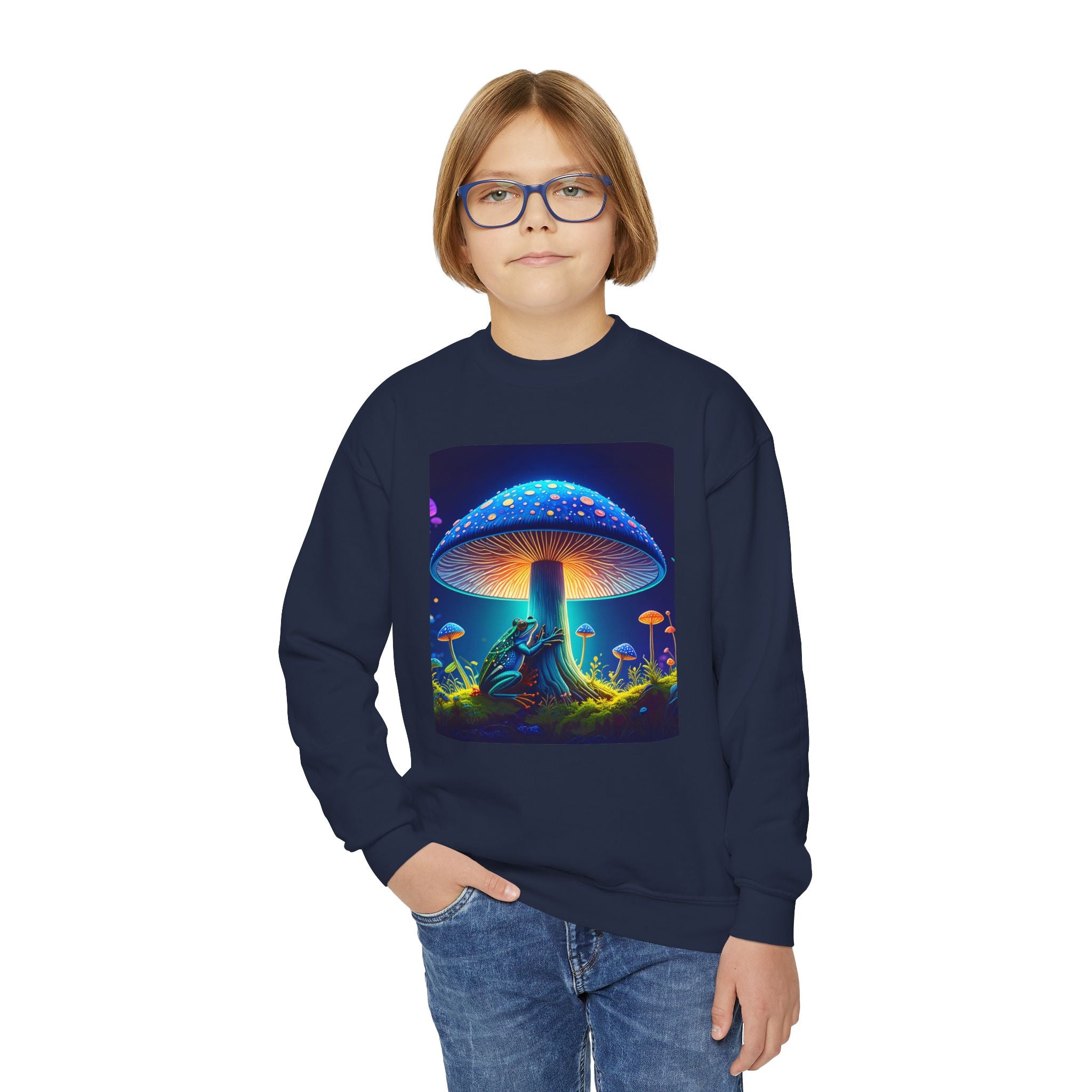 Youth Crewneck Sweatshirt — Neon Mushroom Fantasy Graphic