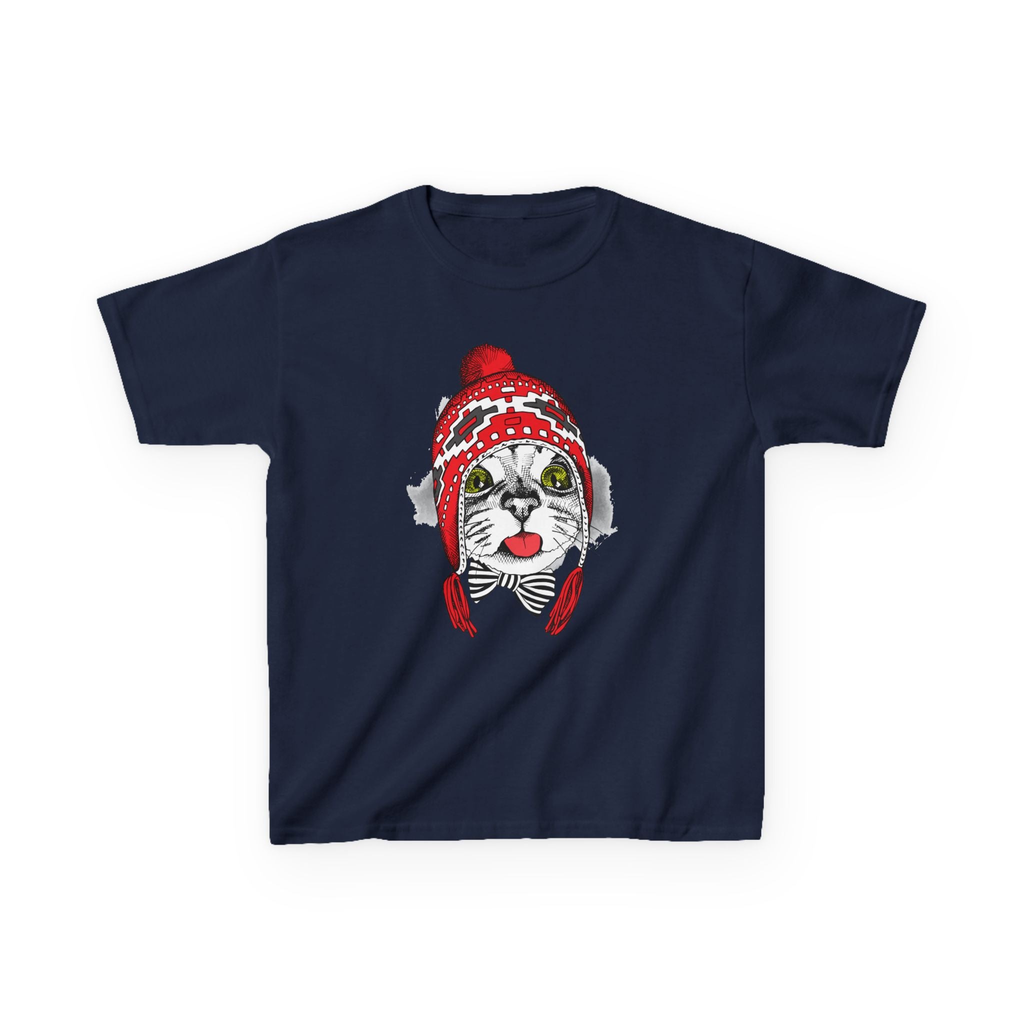 Kids Tee — Cat in Red Winter Hat & Bow Tie Holiday Shirt