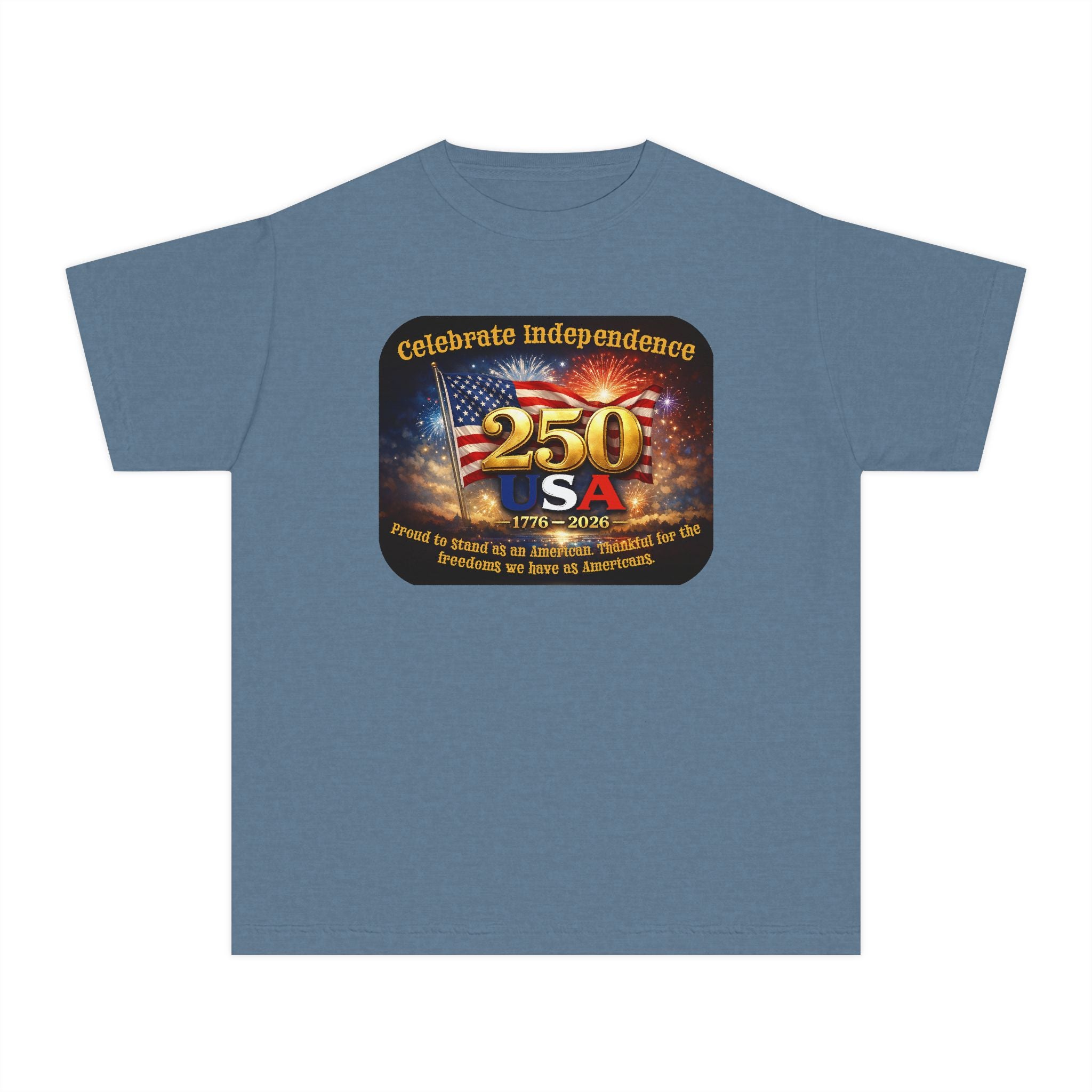 Youth Tee — "Celebrate Independence 250 USA" Patriotic Fireworks T-Shirt