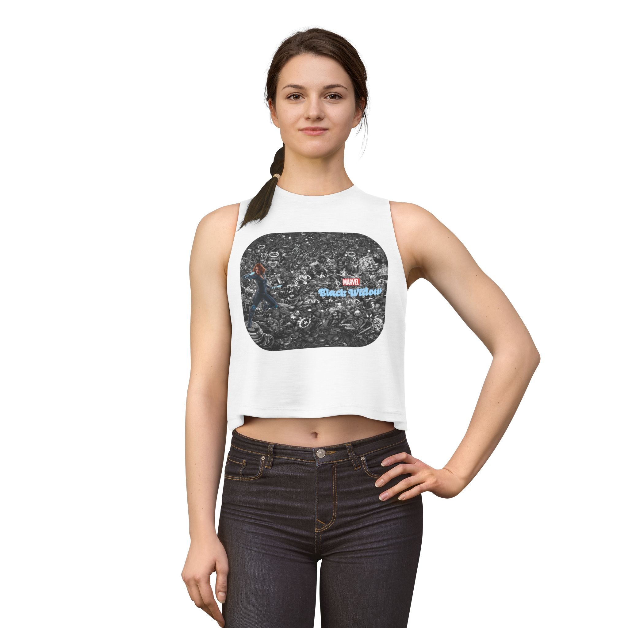 Black Widow Marvel Crop Top — Vintage Comic Collage Women’s Tank