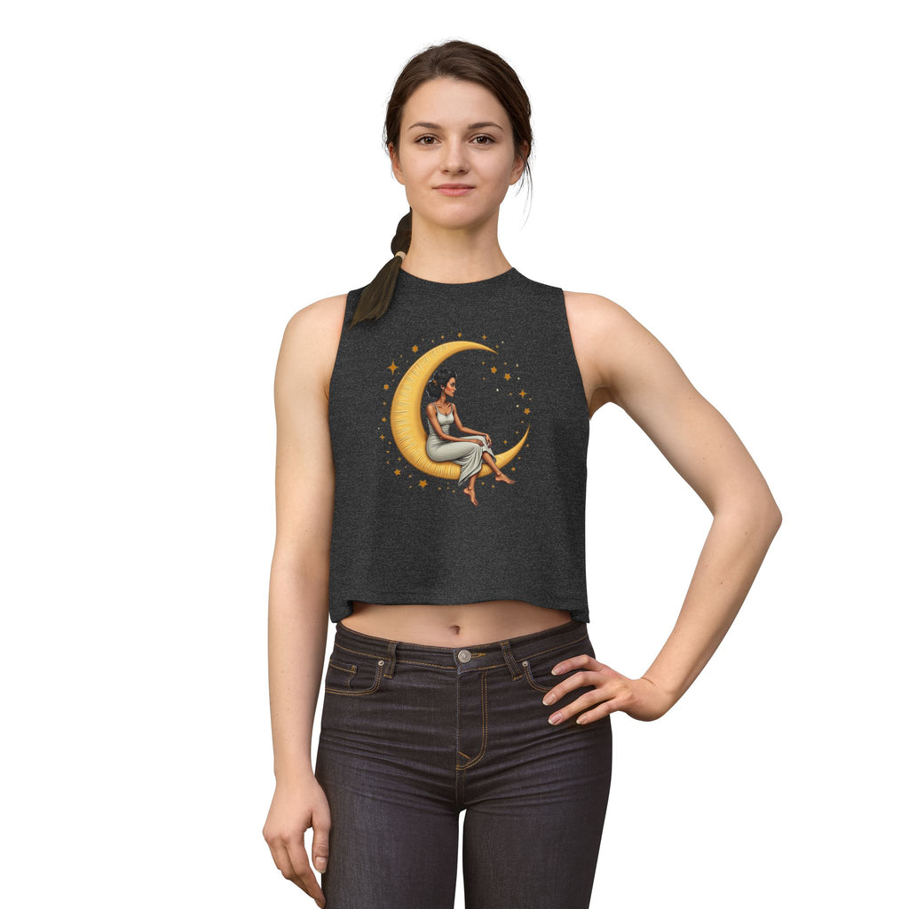 Moon Goddess Crop Top — Black Woman Sitting on Crescent Moon Graphic