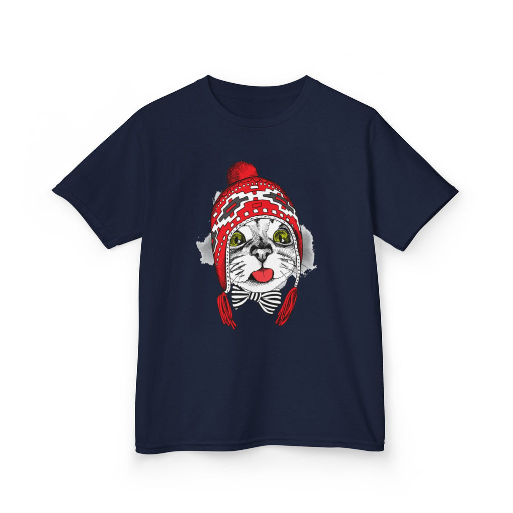 Kids Tee — Cat in Red Winter Hat & Bow Tie Holiday Shirt