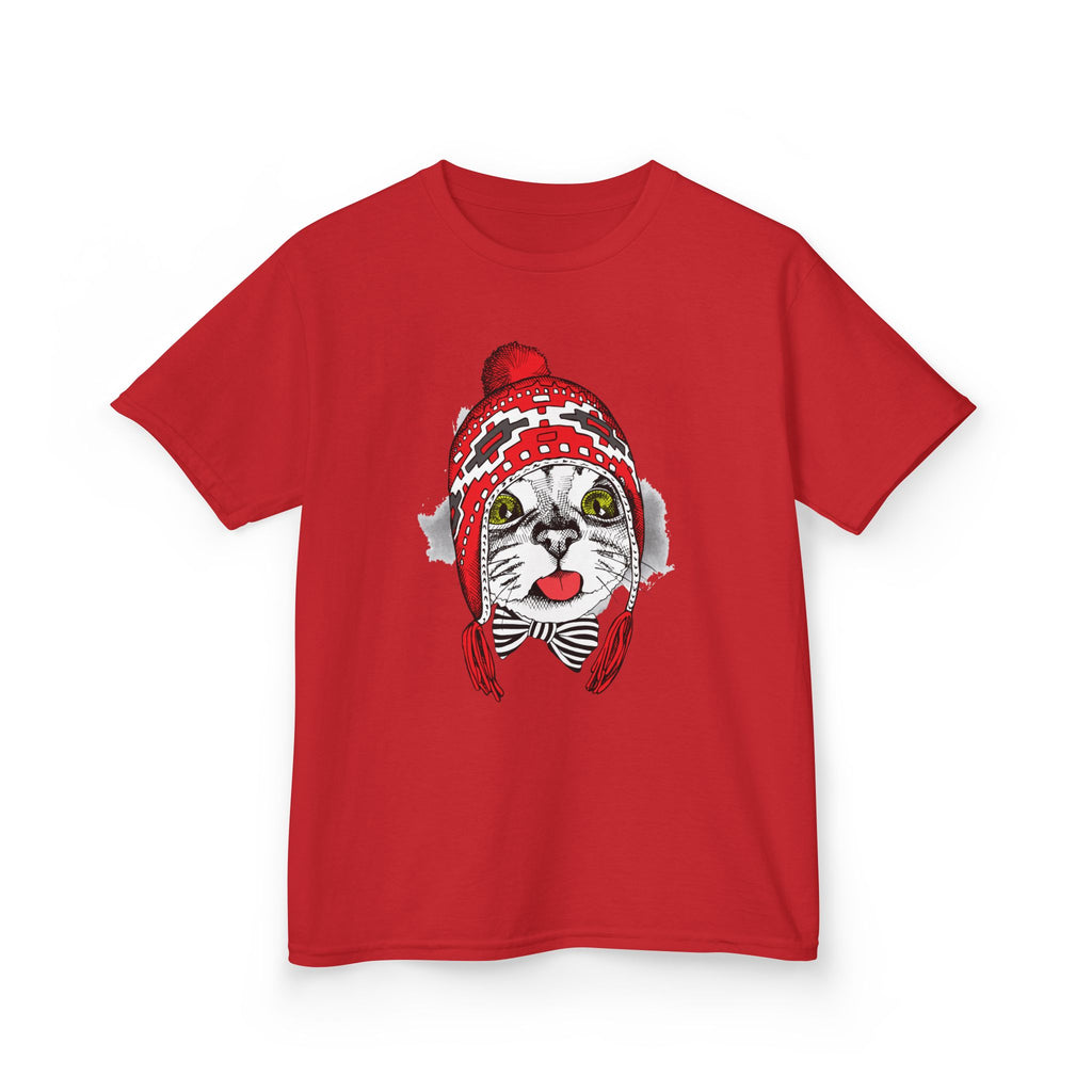 Kids Tee — Cat in Red Winter Hat & Bow Tie Holiday Shirt