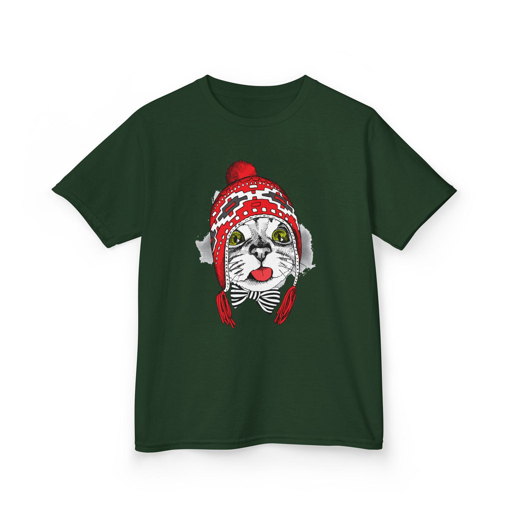 Kids Tee — Cat in Red Winter Hat & Bow Tie Holiday Shirt