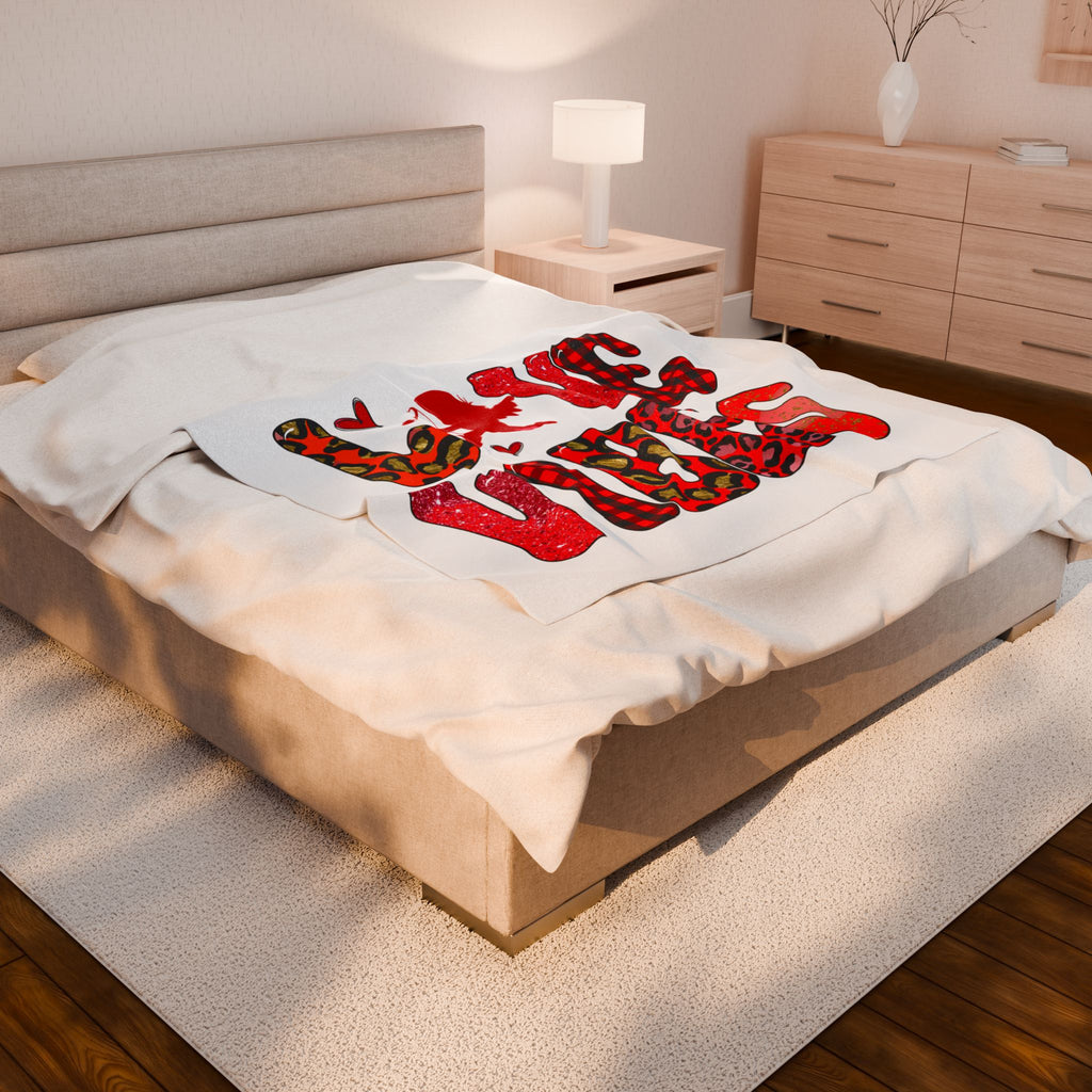Valentine’s Love Birds Velveteen Plush Blanket — Red Buffalo Check & Leopard Heart Design