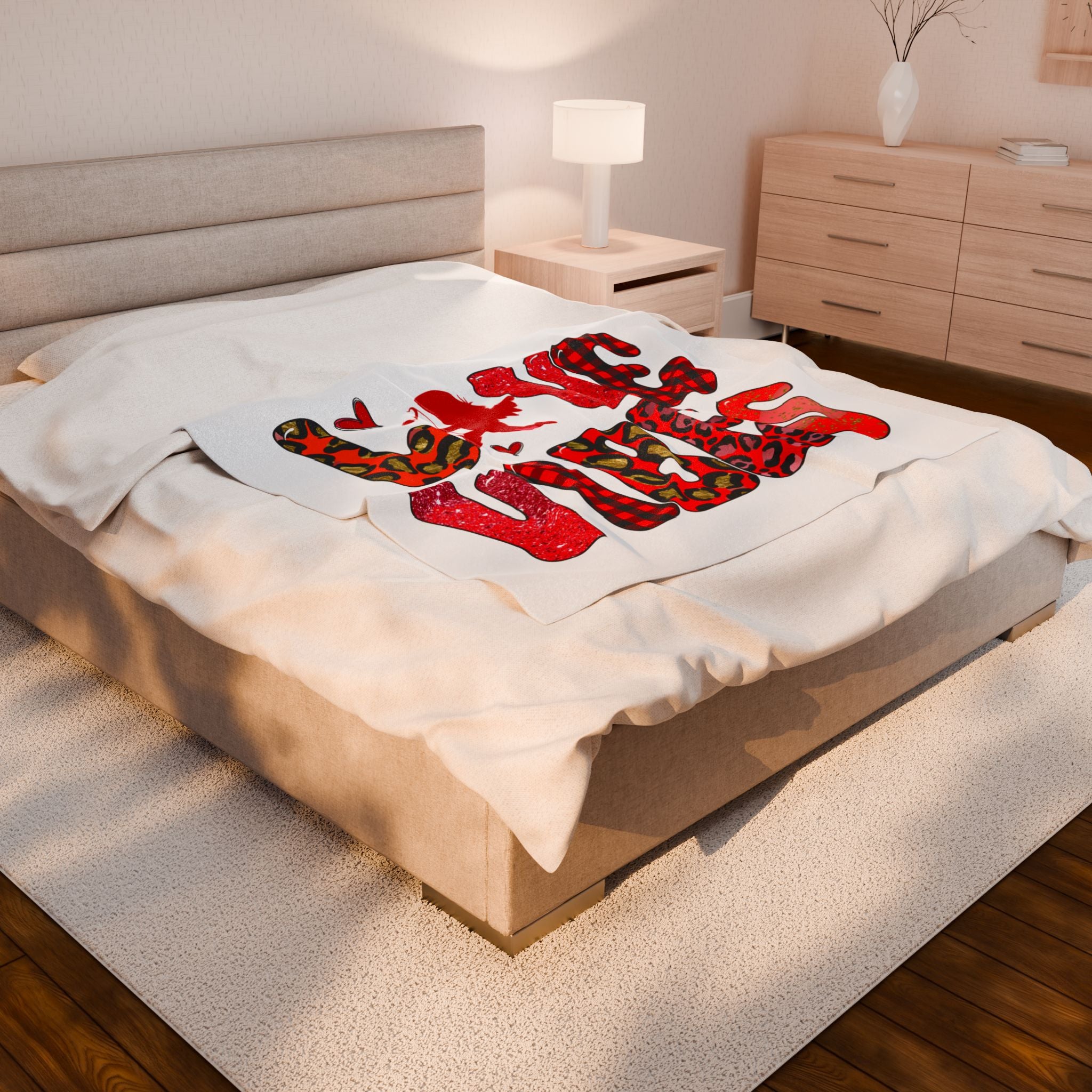 Valentine’s Love Birds Velveteen Plush Blanket — Red Buffalo Check & Leopard Heart Design