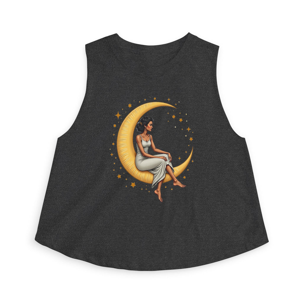 Moon Goddess Crop Top — Black Woman Sitting on Crescent Moon Graphic