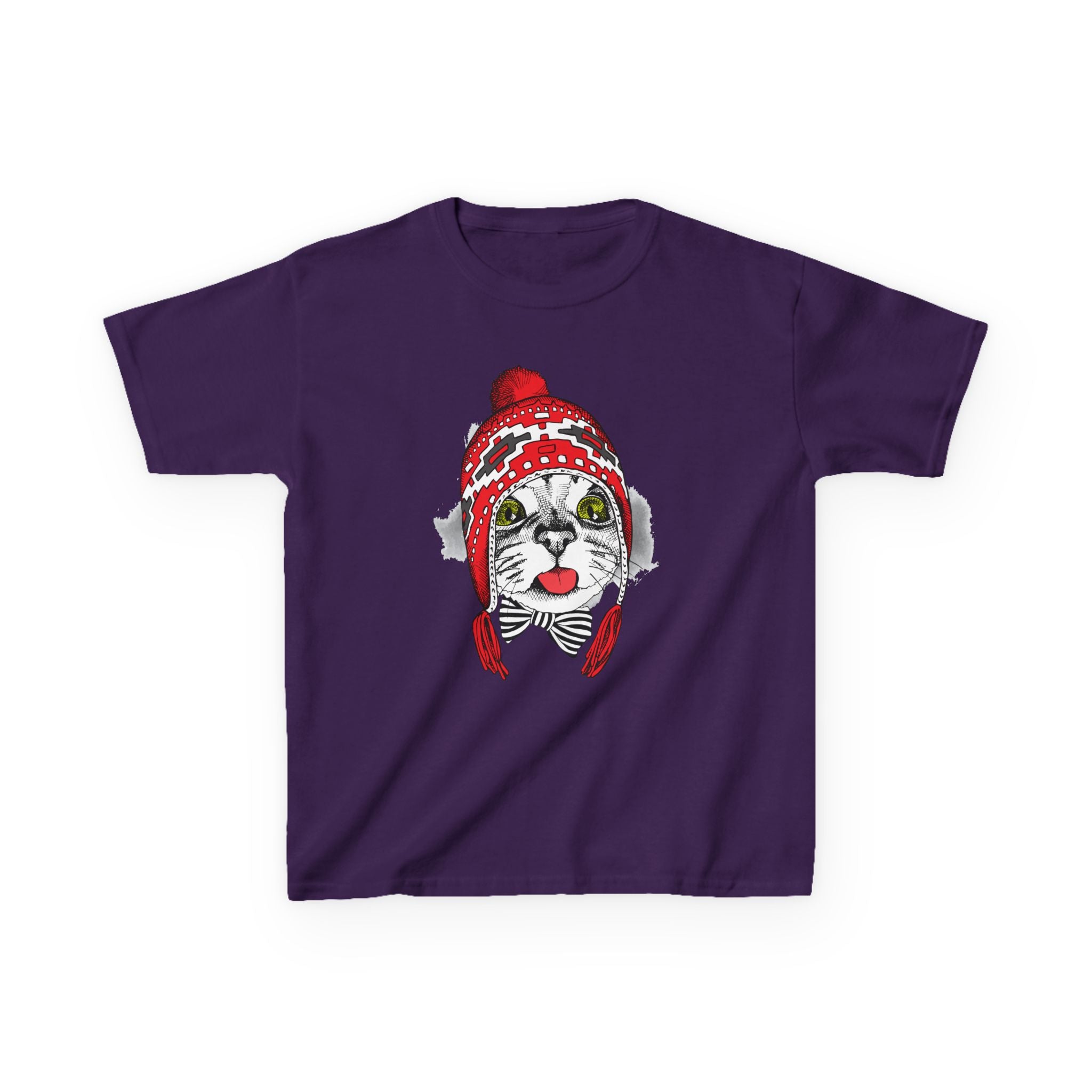 Kids Tee — Cat in Red Winter Hat & Bow Tie Holiday Shirt