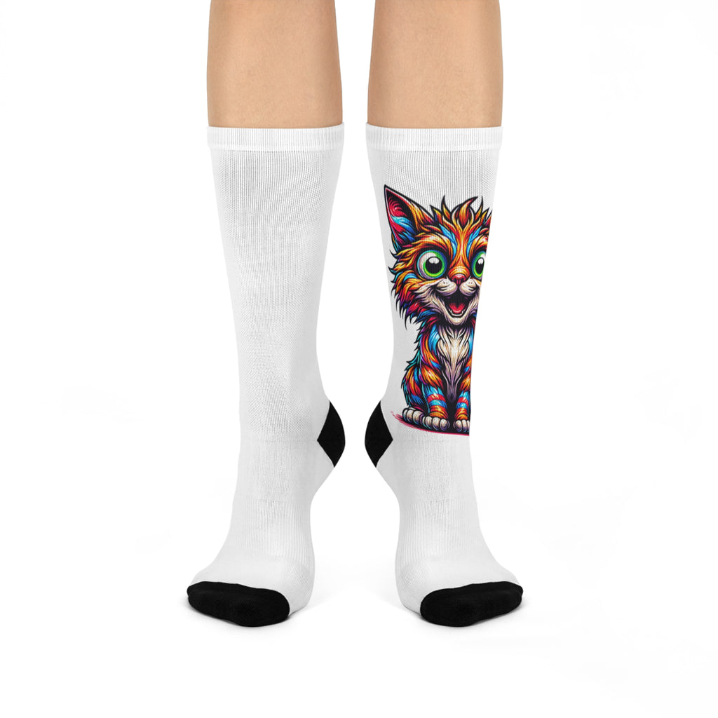 Psychedelic 70s Cat Cushioned Crew Socks — Retro Colorful Vibes