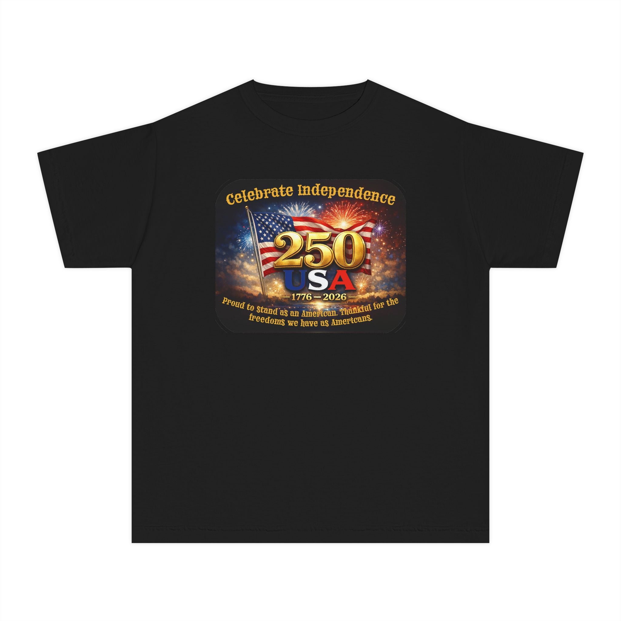 Youth Tee — "Celebrate Independence 250 USA" Patriotic Fireworks T-Shirt