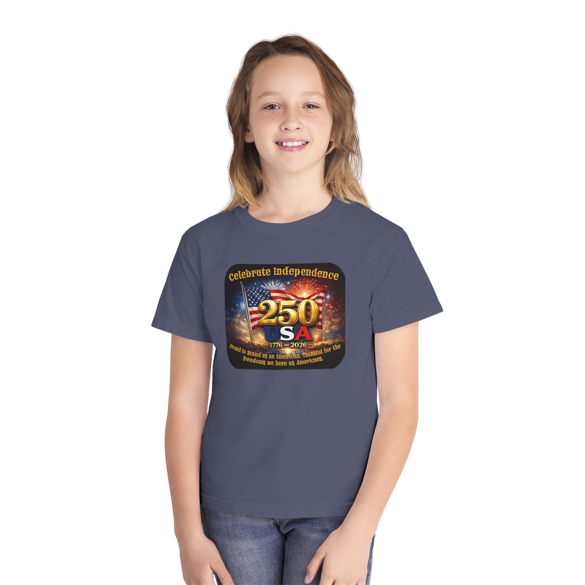Youth Tee — "Celebrate Independence 250 USA" Patriotic Fireworks T-Shirt