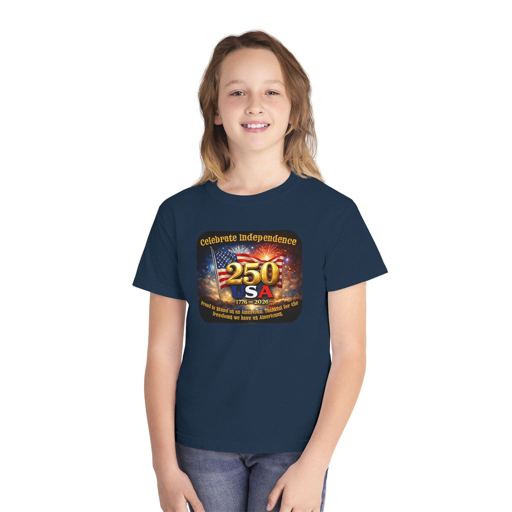 Youth Tee — "Celebrate Independence 250 USA" Patriotic Fireworks T-Shirt