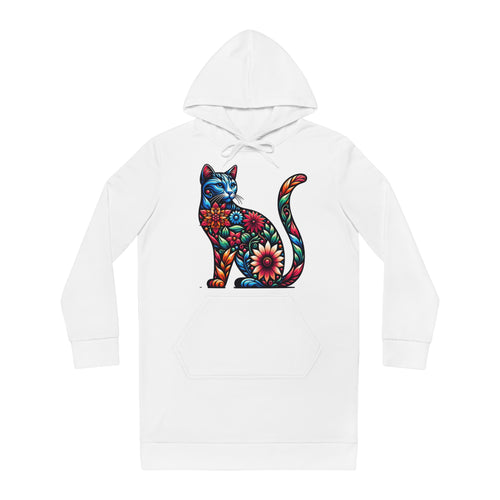 Floral Mosaic Cat Hoodie Dress – Colorful Boho Cat Graphic Sweatshirt Dress