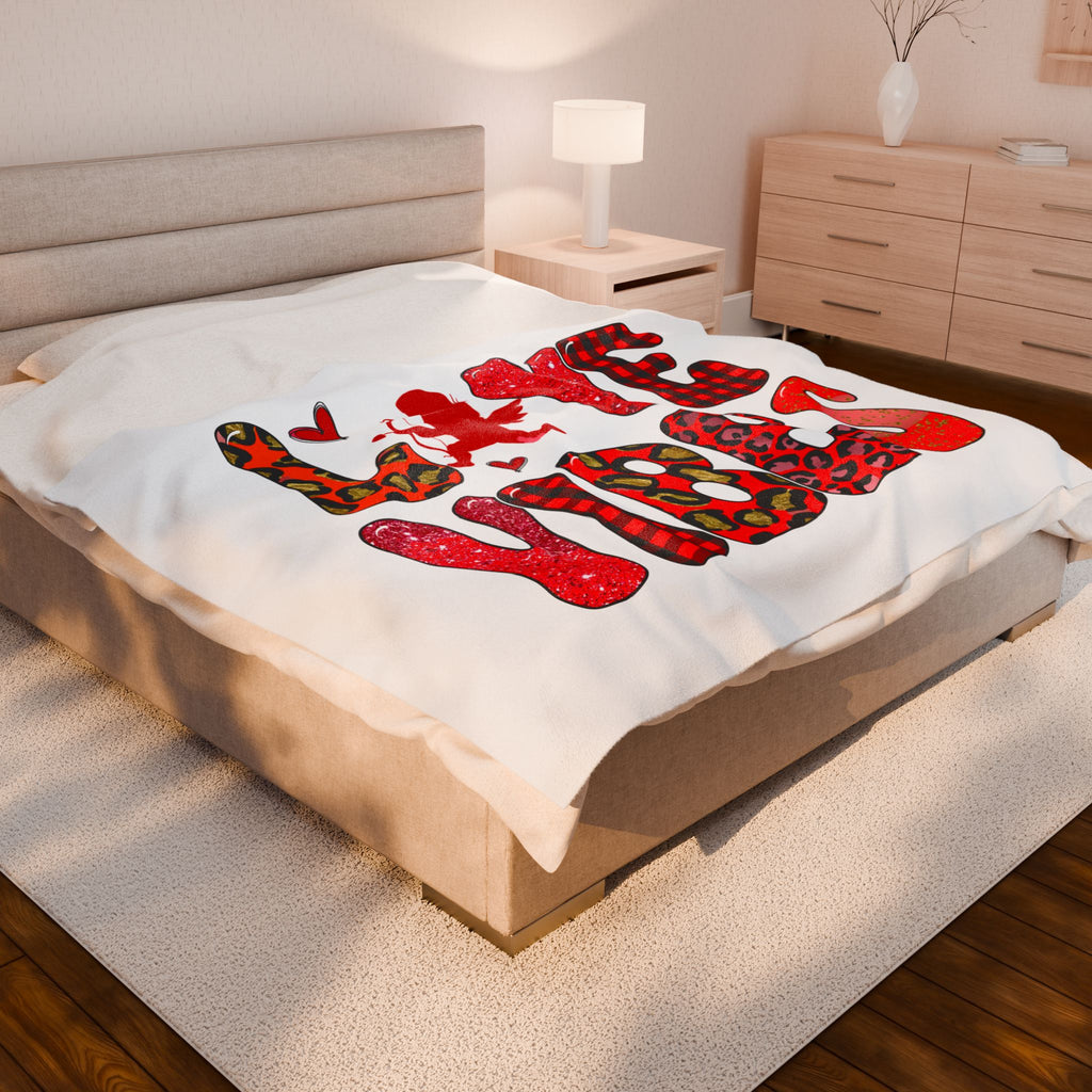 Valentine’s Love Birds Velveteen Plush Blanket — Red Buffalo Check & Leopard Heart Design