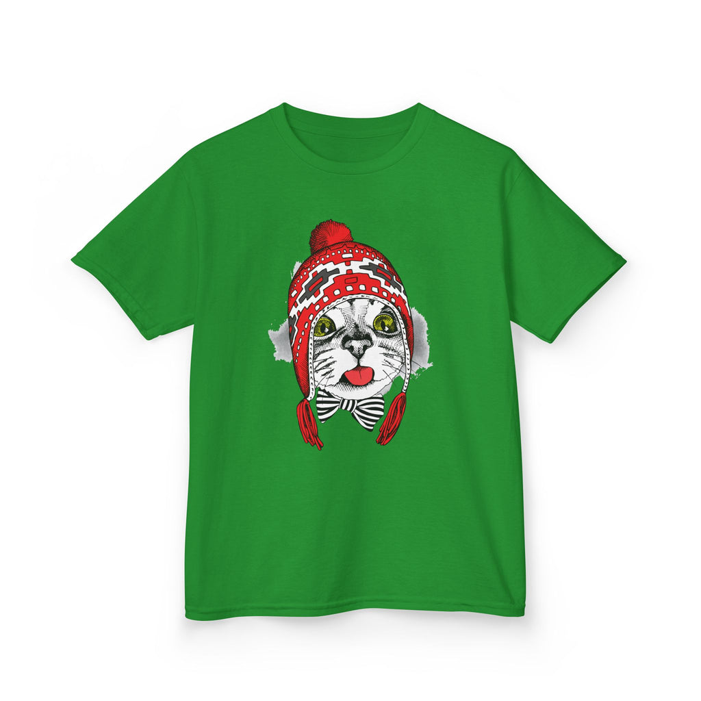 Kids Tee — Cat in Red Winter Hat & Bow Tie Holiday Shirt