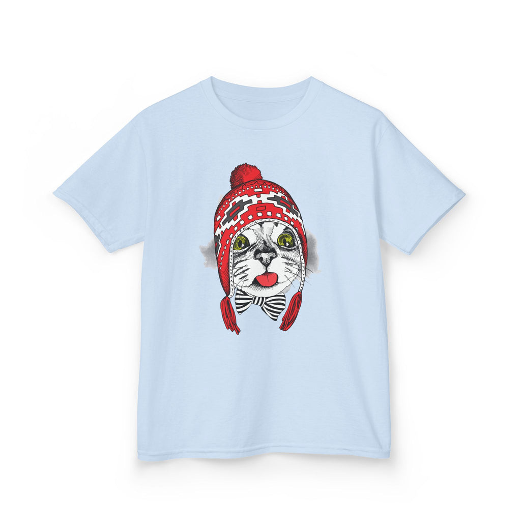 Kids Tee — Cat in Red Winter Hat & Bow Tie Holiday Shirt