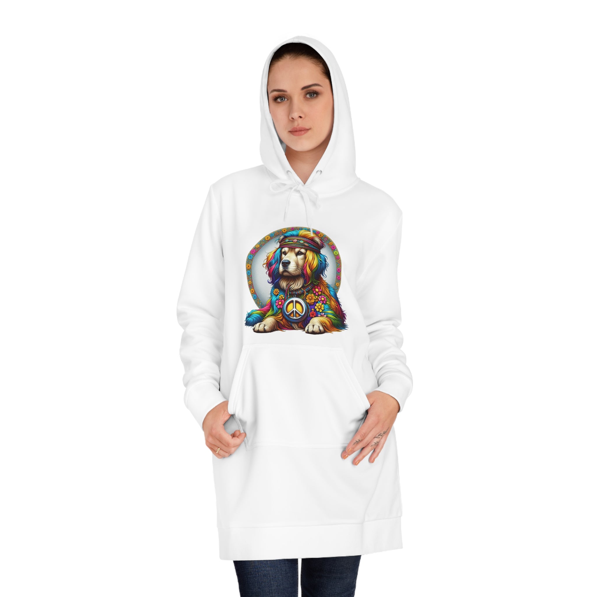 Hippie Golden Retriever Hoodie Dress — Peace Sign Tie-Dye Dog Graphic