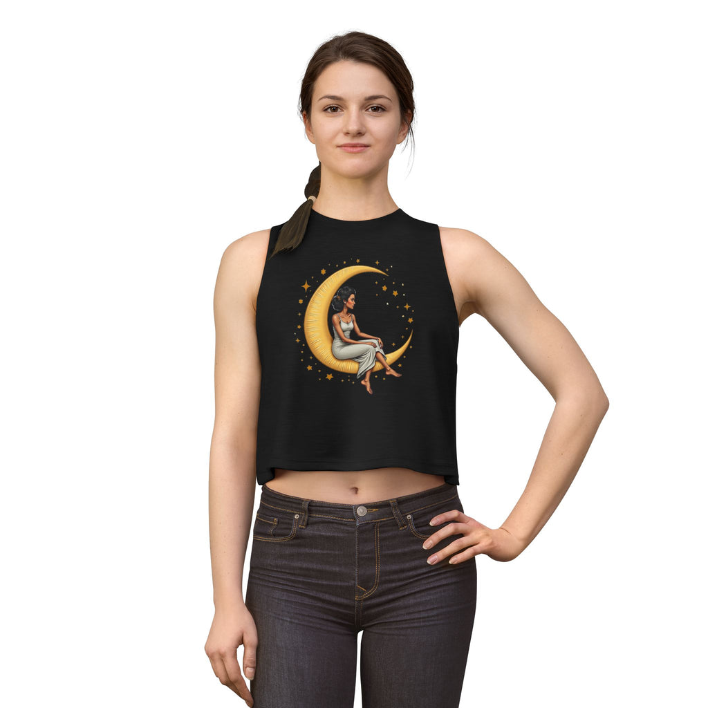 Moon Goddess Crop Top — Black Woman Sitting on Crescent Moon Graphic