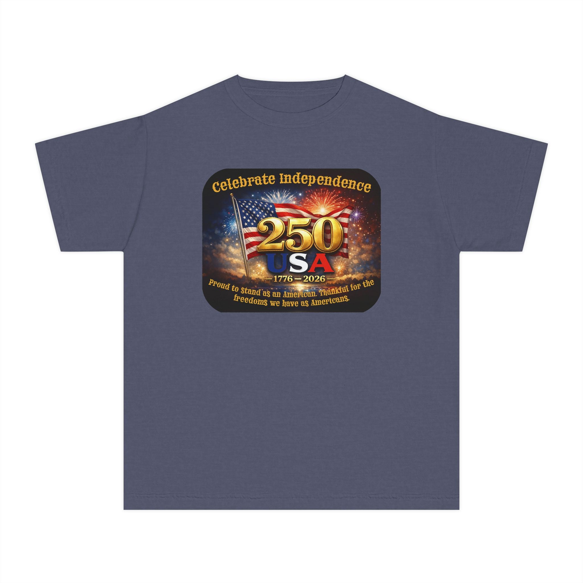 Youth Tee — "Celebrate Independence 250 USA" Patriotic Fireworks T-Shirt