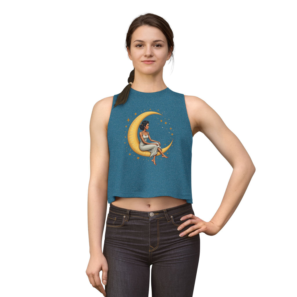 Moon Goddess Crop Top — Black Woman Sitting on Crescent Moon Graphic