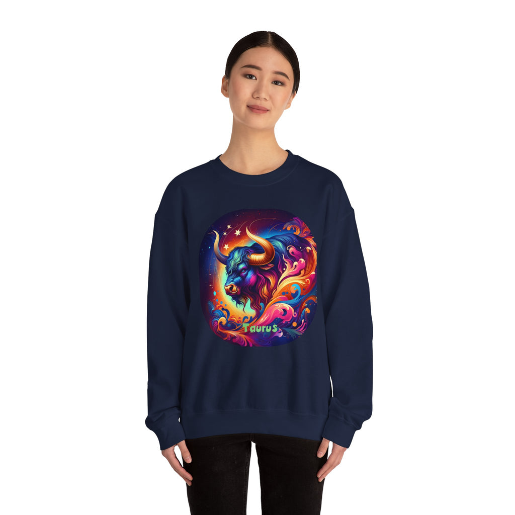 Taurus Zodiac Crewneck Sweatshirt — Vibrant Neon Bull Astrology Sweatshirt