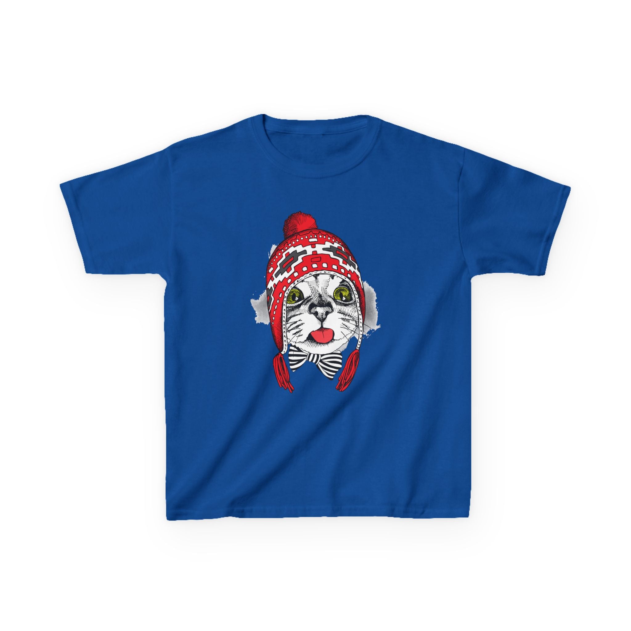 Kids Tee — Cat in Red Winter Hat & Bow Tie Holiday Shirt