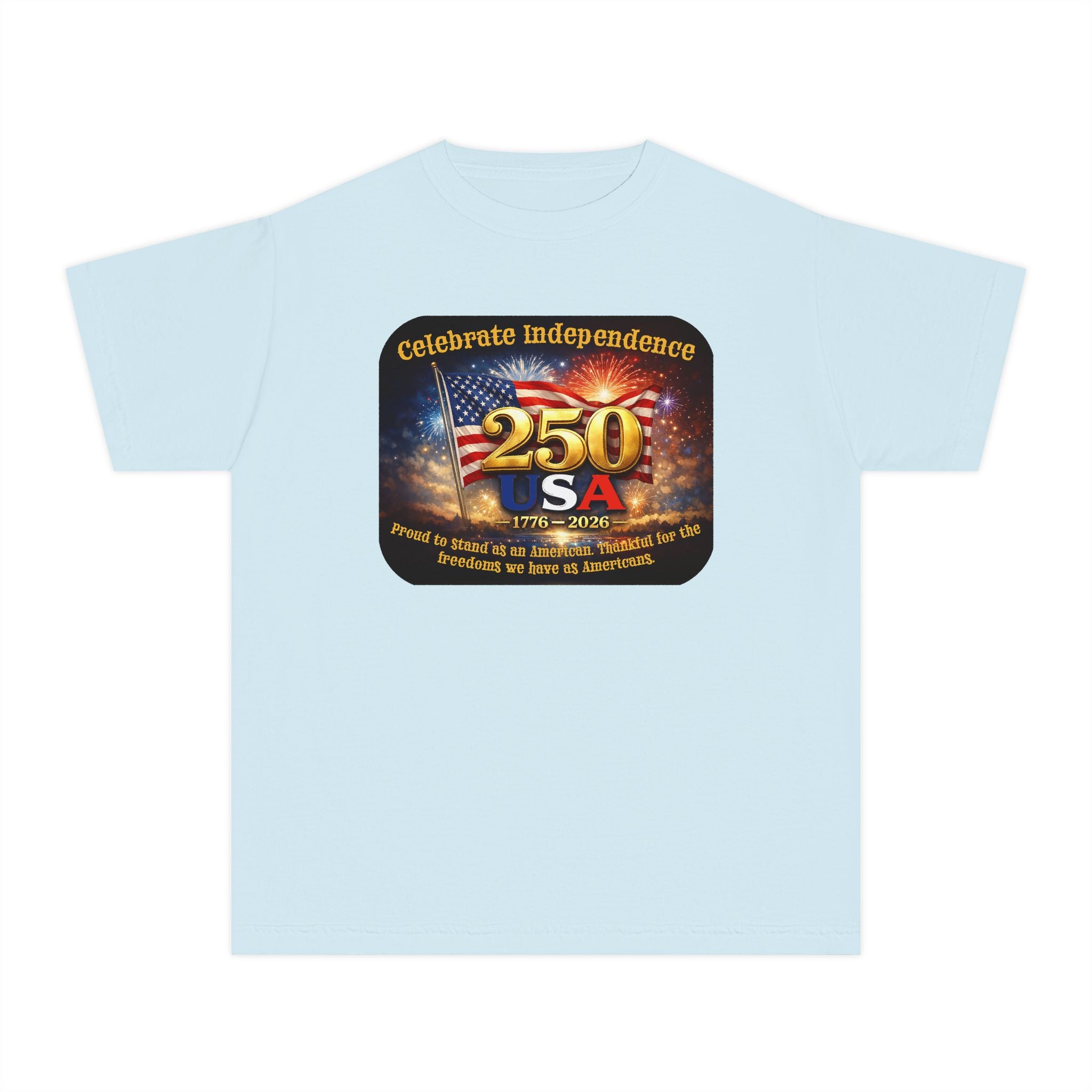 Youth Tee — "Celebrate Independence 250 USA" Patriotic Fireworks T-Shirt